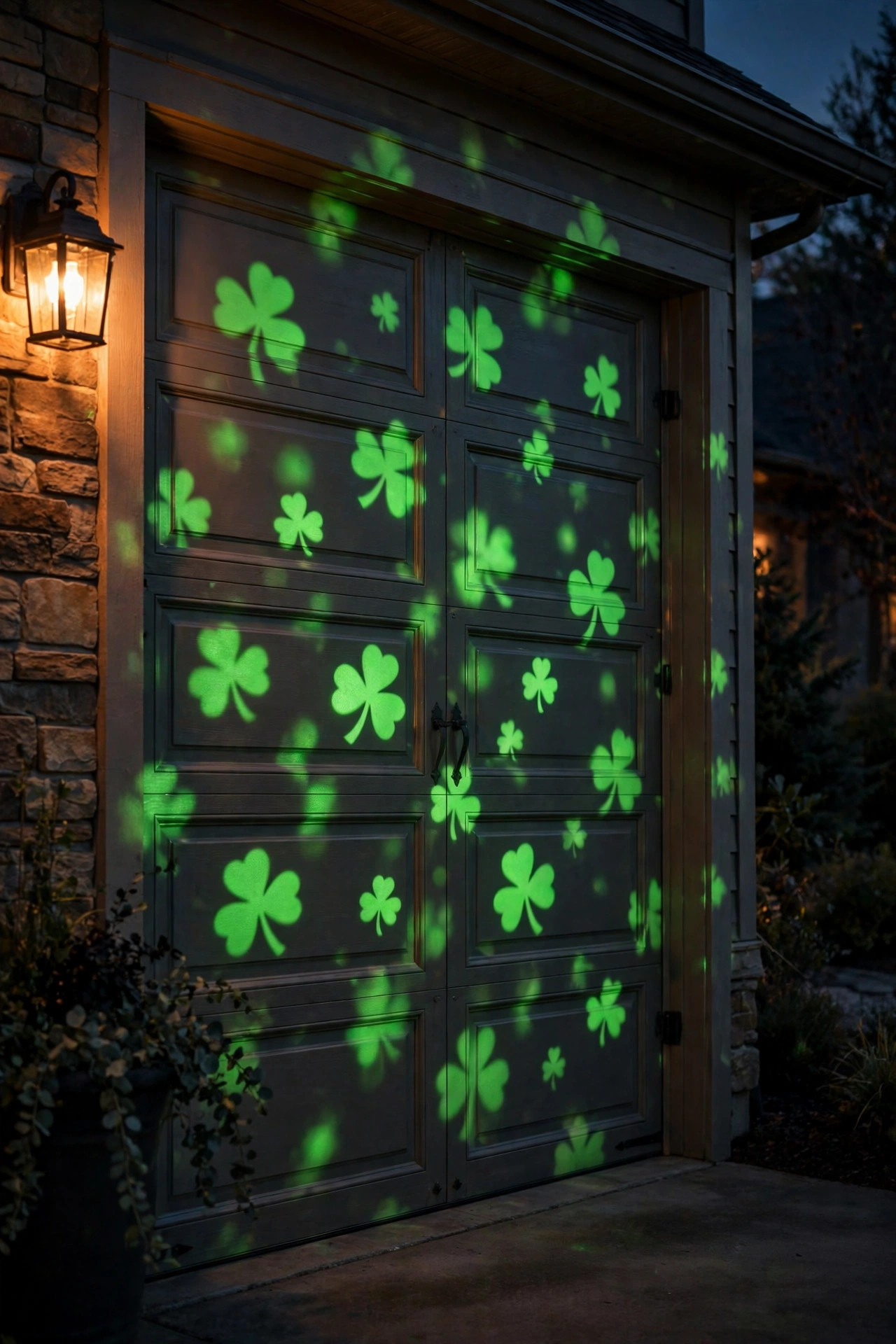Green shamrock and clover light projections dancing across a garage door at night