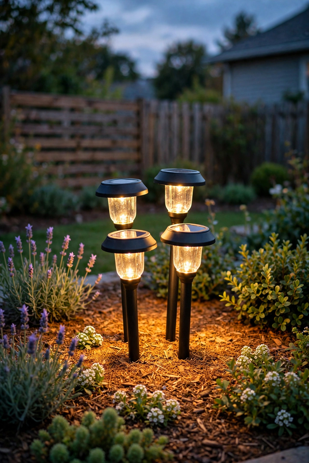 Cluster of warm solar stake lights glowing together in a small planting bed at dusk