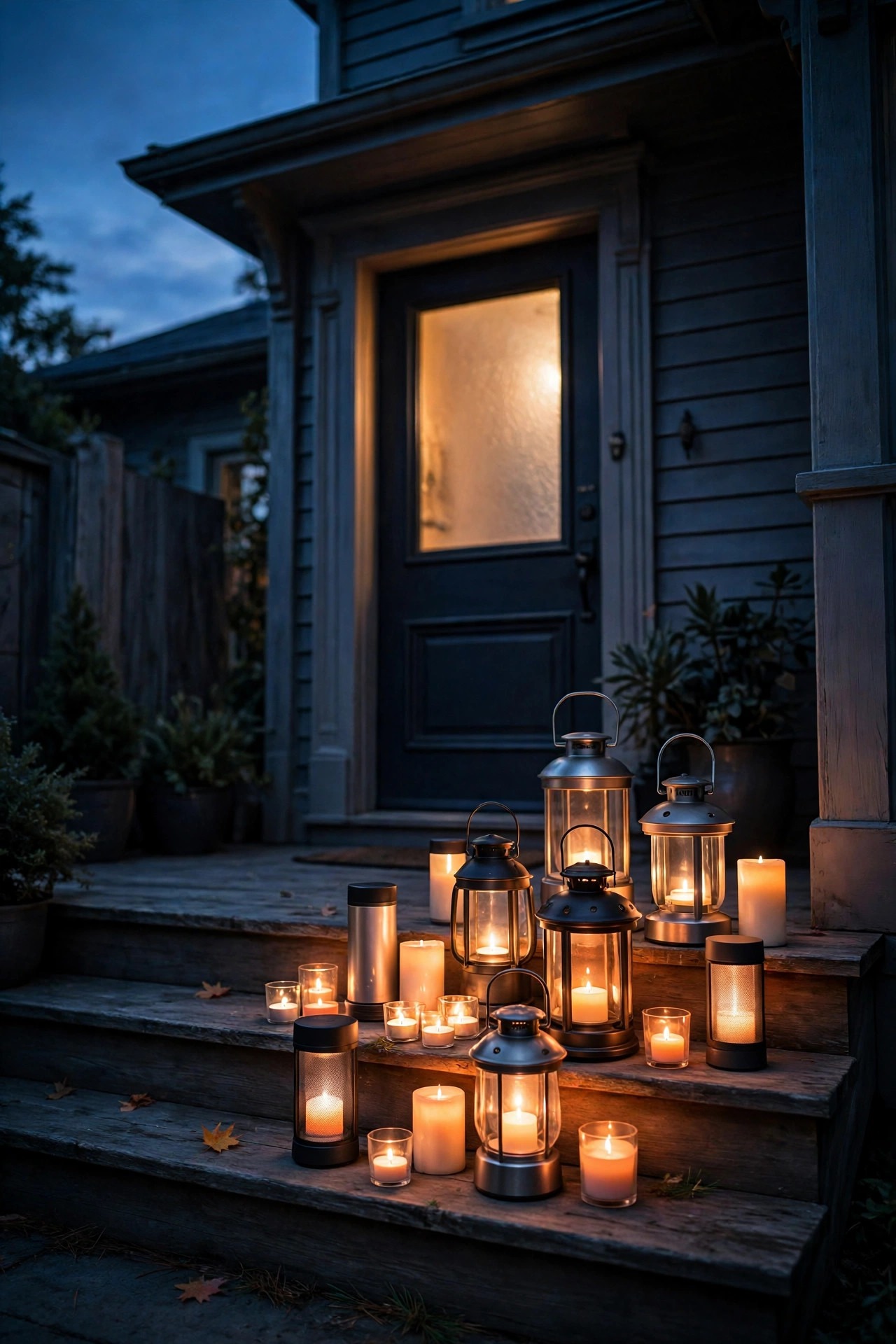 Portable smart lanterns and flameless candles glowing in warm amber and soft orange on porch steps at dusk