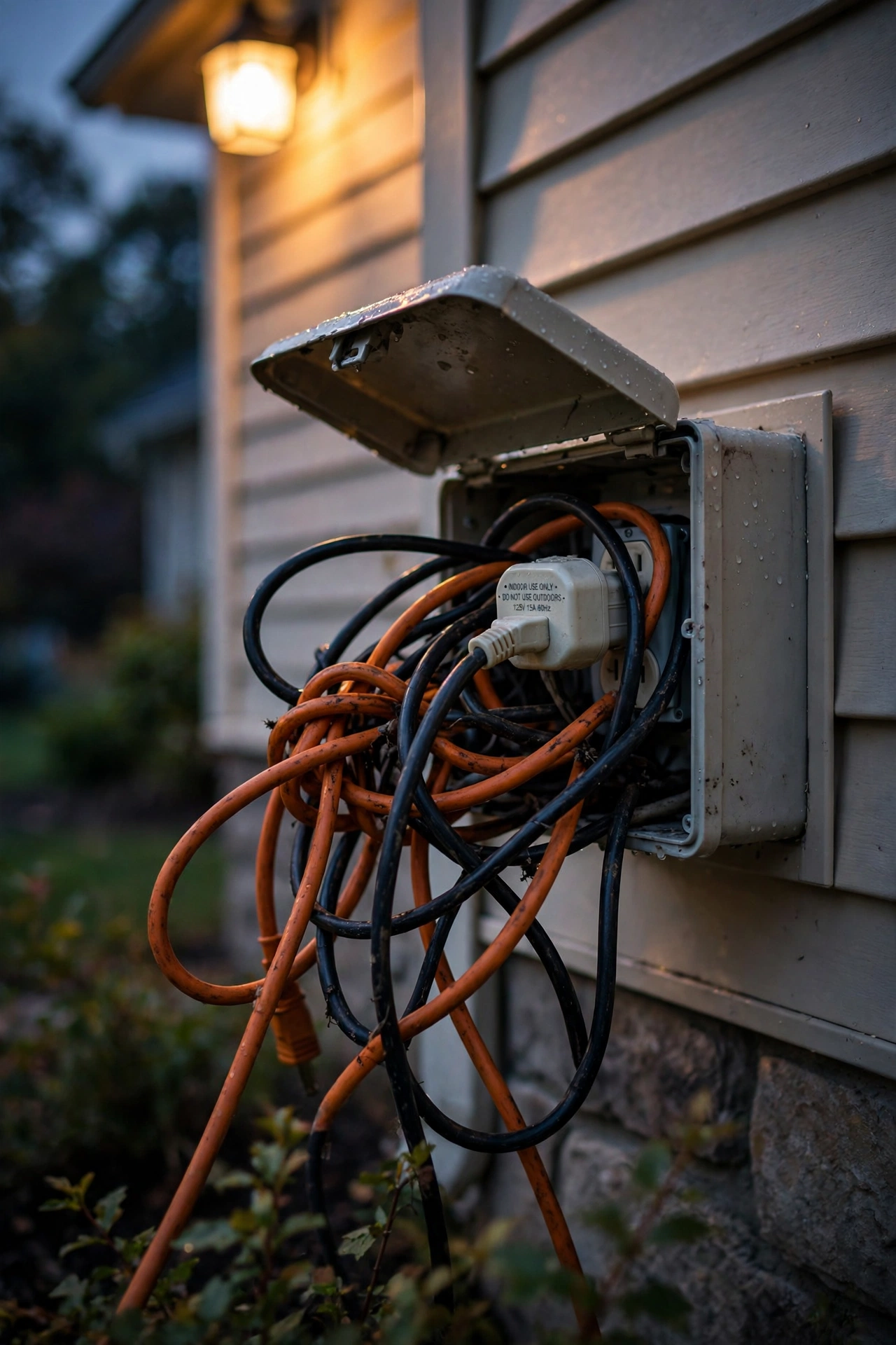 Outdoor outlet with weatherproof cover and tangled extension cords, illustrating common timer setup mistakes