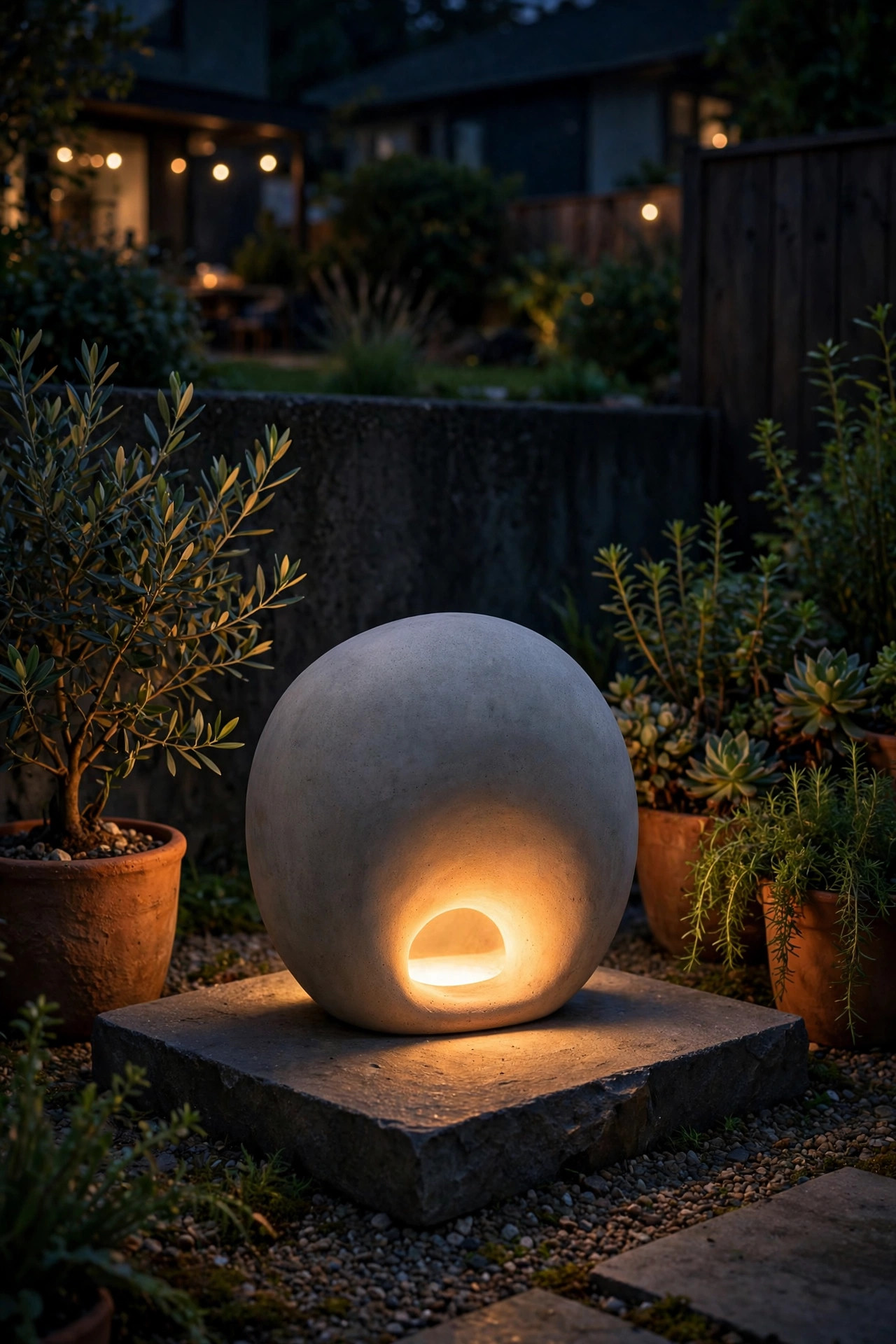 Concrete-look sculptural outdoor table lamp glowing beside patio plants at night
