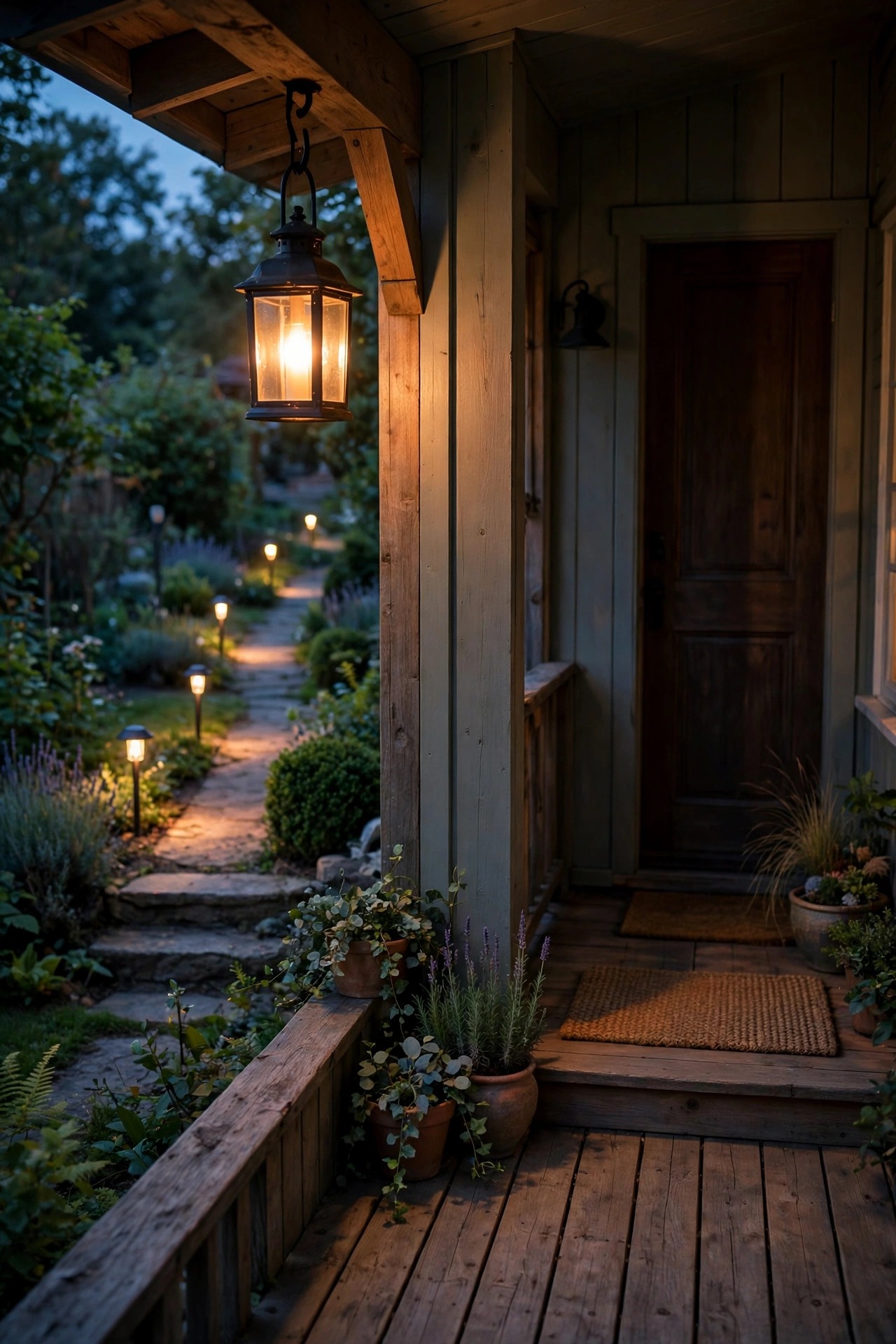 Warm porch scene at dusk with a lantern glowing automatically as evening falls, garden path lights coming on in sequence behind it
