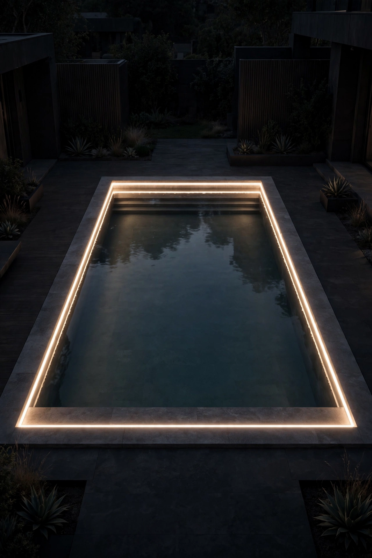 Warm LED strip lighting glowing under pool coping edge outlining the water at night