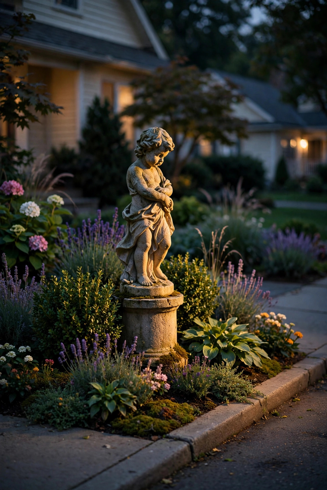 Garden statue at a street corner softly spotlit among evening plantings