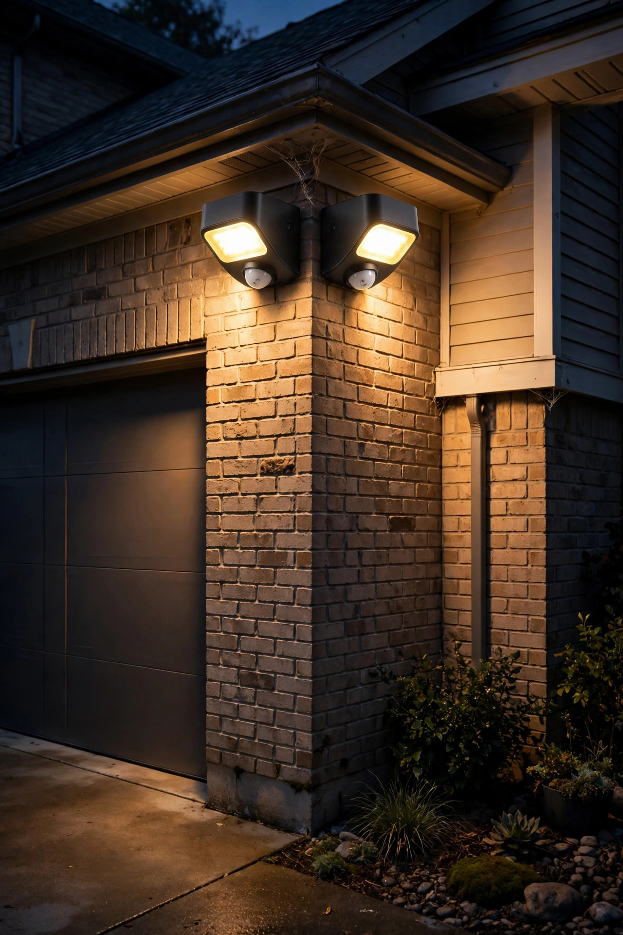 Corner-mounted wide-angle motion sensor sconce lighting both sides of a garage corner at night