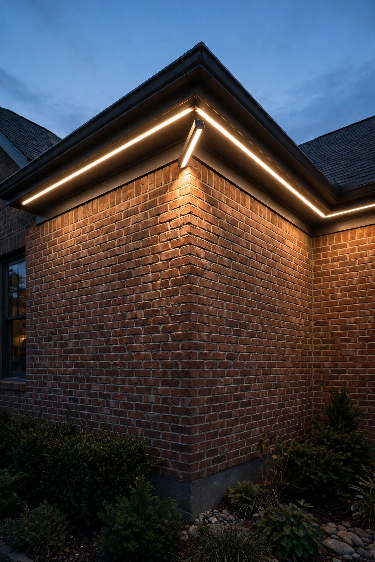Linear wash bar run turning the corner of a brick house at dusk with a short angled bar lighting the corner cleanly