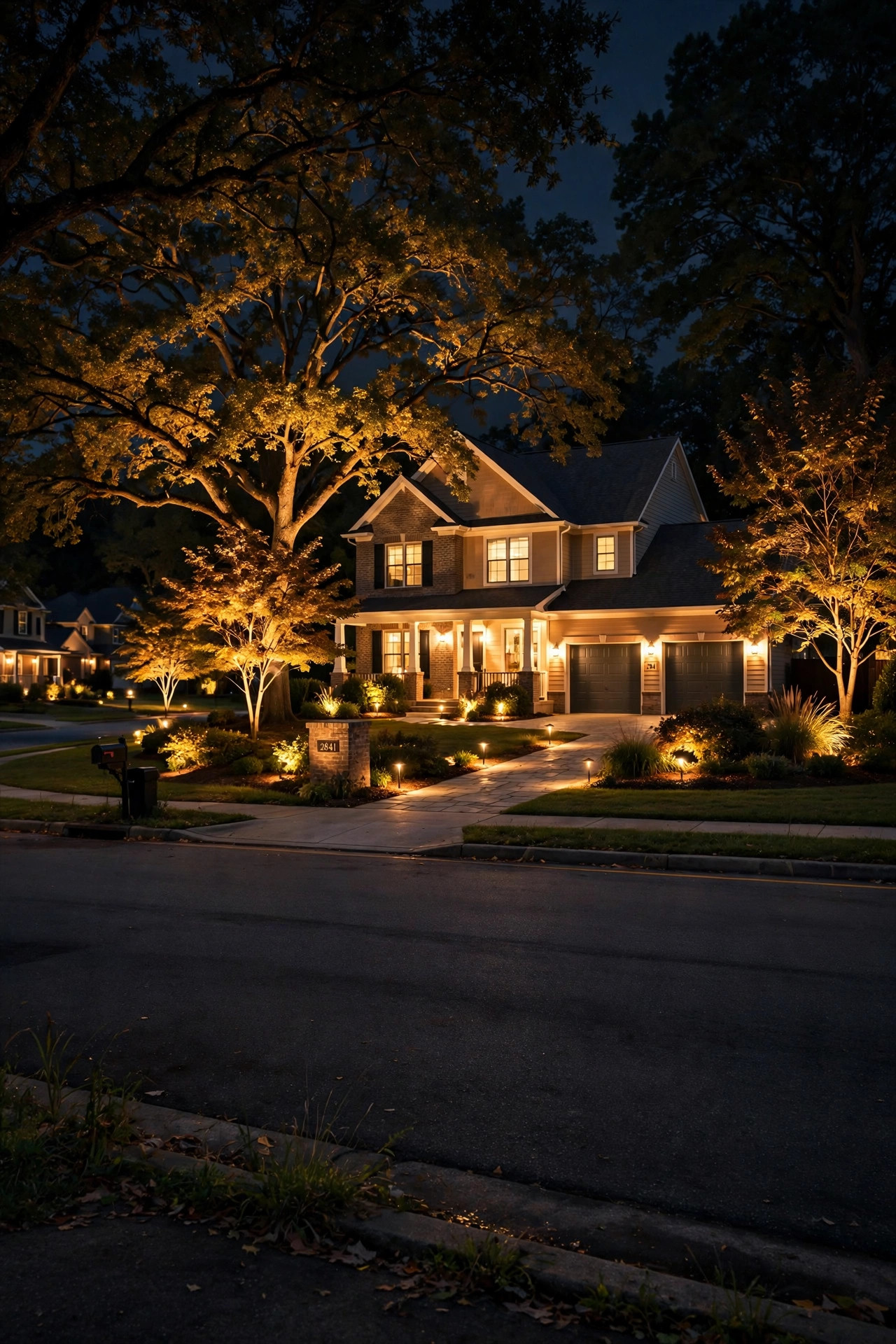 Street view of a home with layered landscape lighting creating dramatic curb appeal at night
