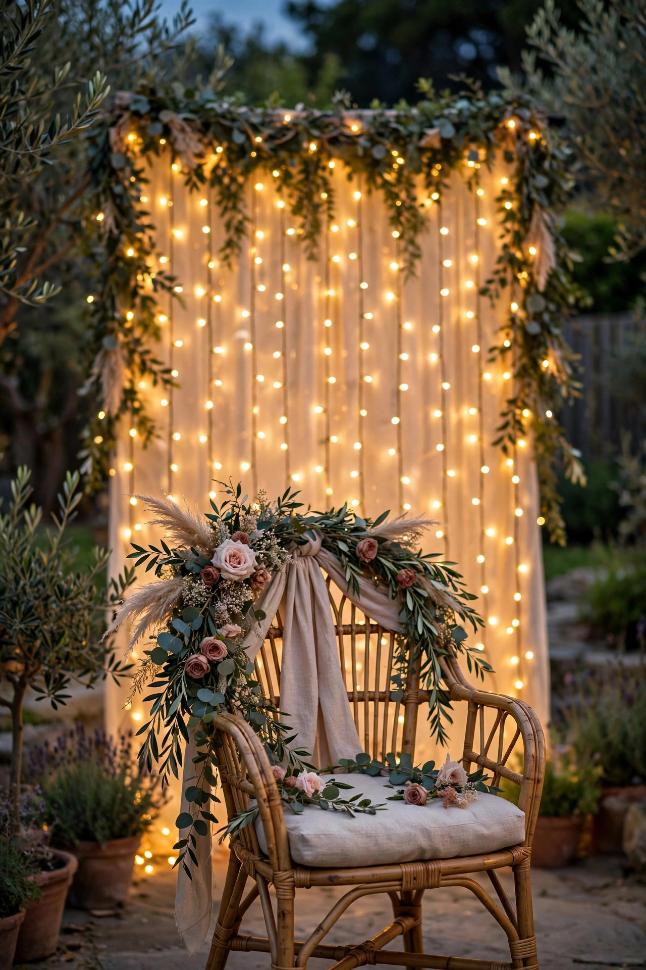 Fairy light curtain backdrop with garland behind a decorated chair at an outdoor bridal shower