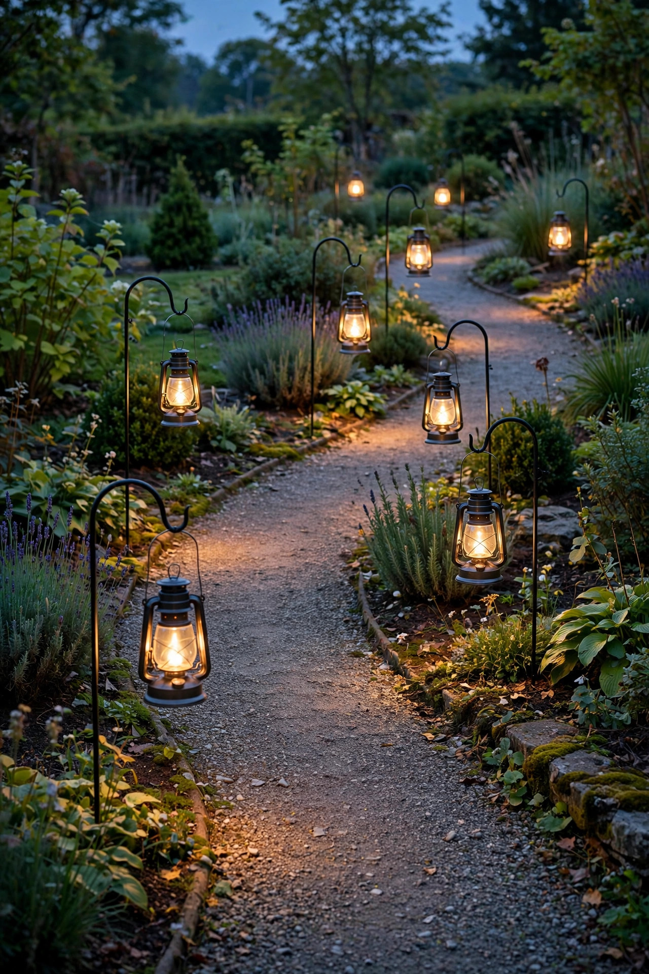 Shepherd's hook lanterns following the outside curve of a winding gravel garden path