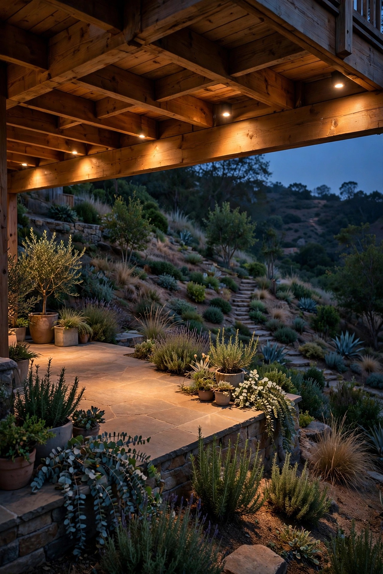 Soft downlights under a deck washing the upper terrace of a sloped backyard