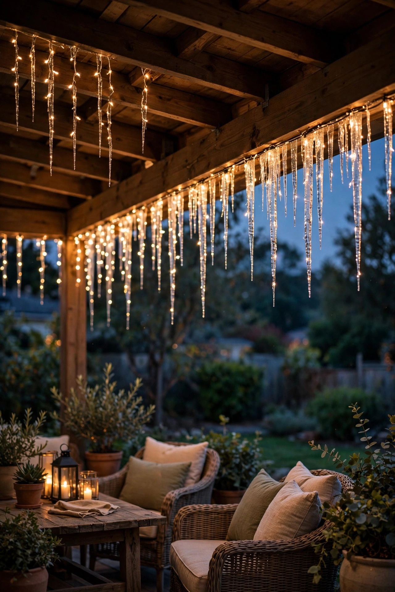 Icicle lights hanging along the inside edge of a covered deck roof over outdoor seating