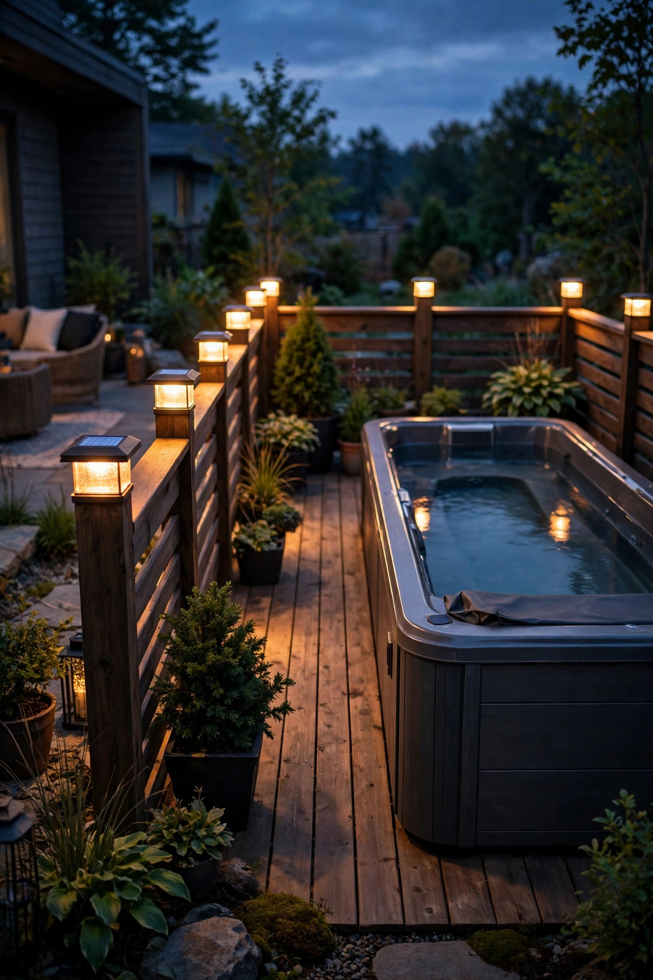Solar deck post cap lights glowing warm around a deck beside a swim spa