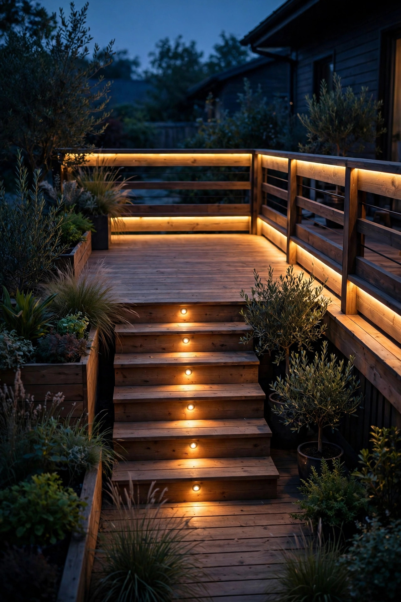 Warm recessed step lights and under-rail lighting glowing on a wooden deck at night