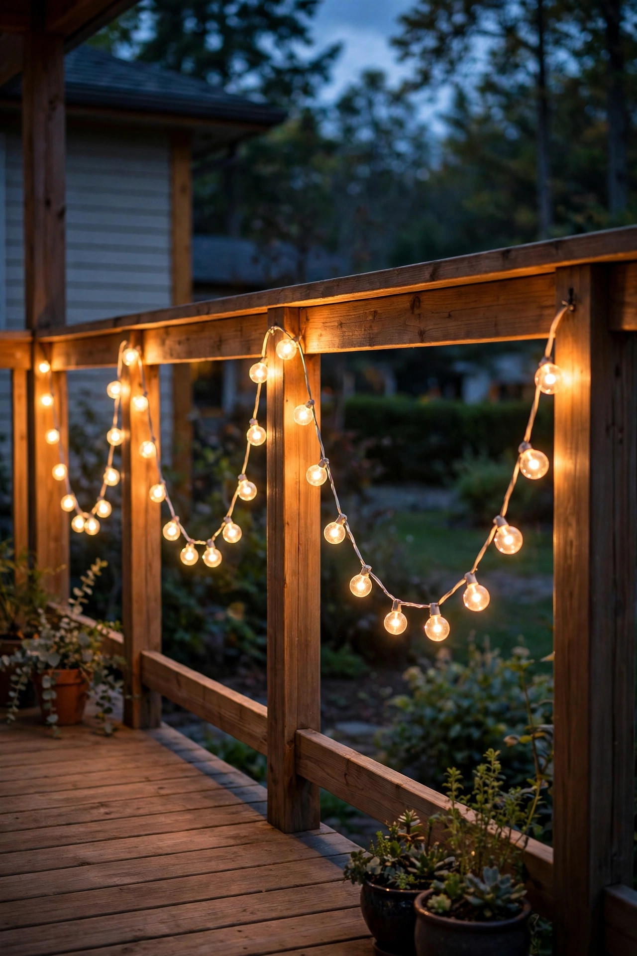 Globe string lights draped in scallops along the inside of a deck railing at dusk
