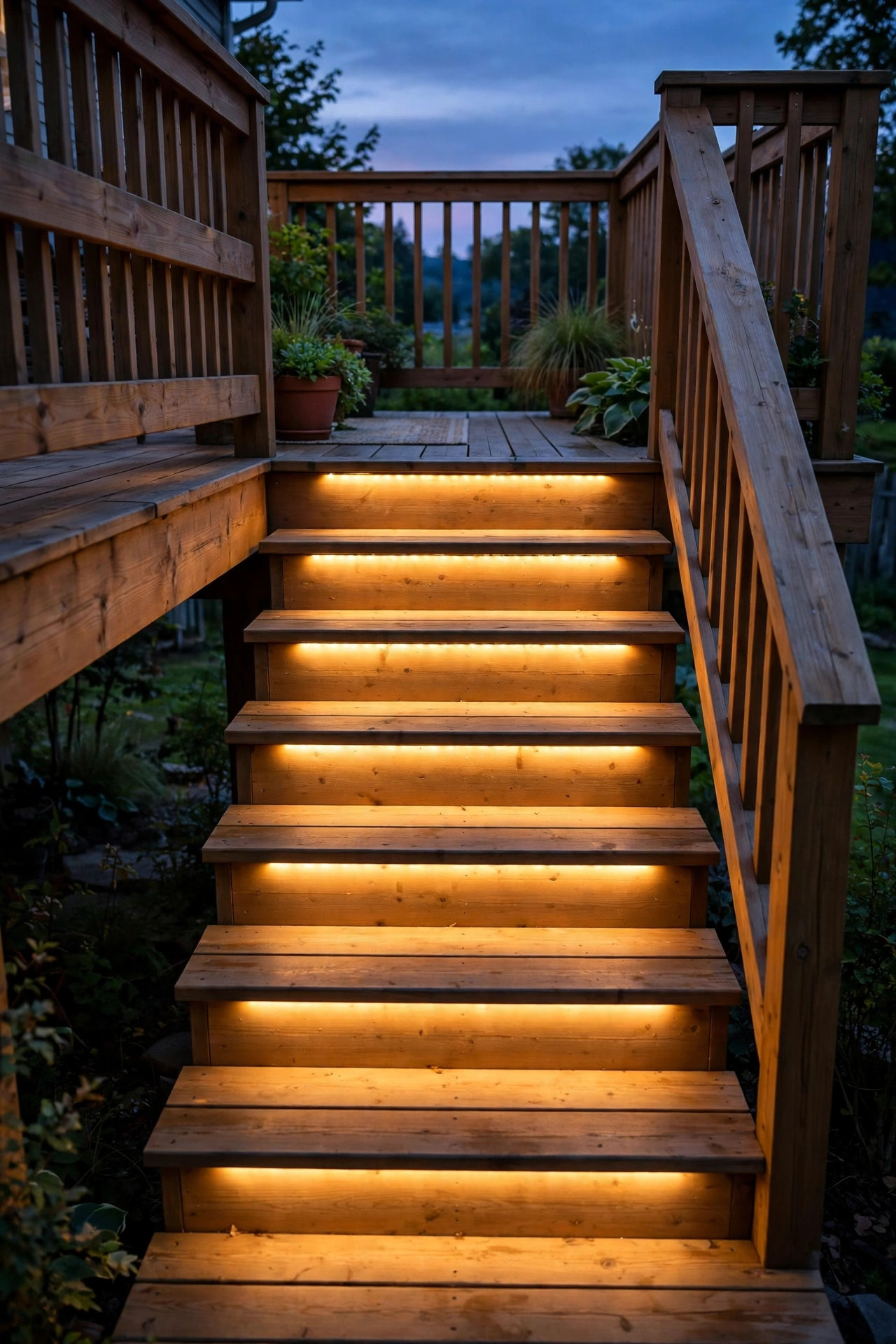 Deck stairs at dusk with warm LED step lights glowing on each riser, lighting the treads safely