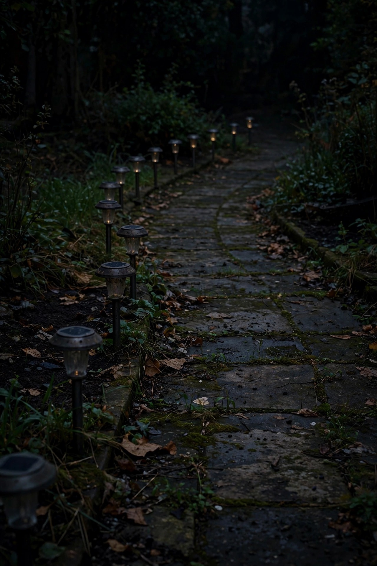 A row of faint, dim solar path lights barely glowing along a dark walkway, showing common mistakes