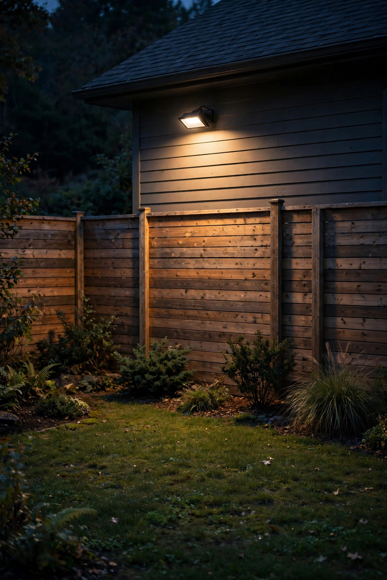 Backyard flood light at low warm idle brightness washing a fence and lawn softly at night