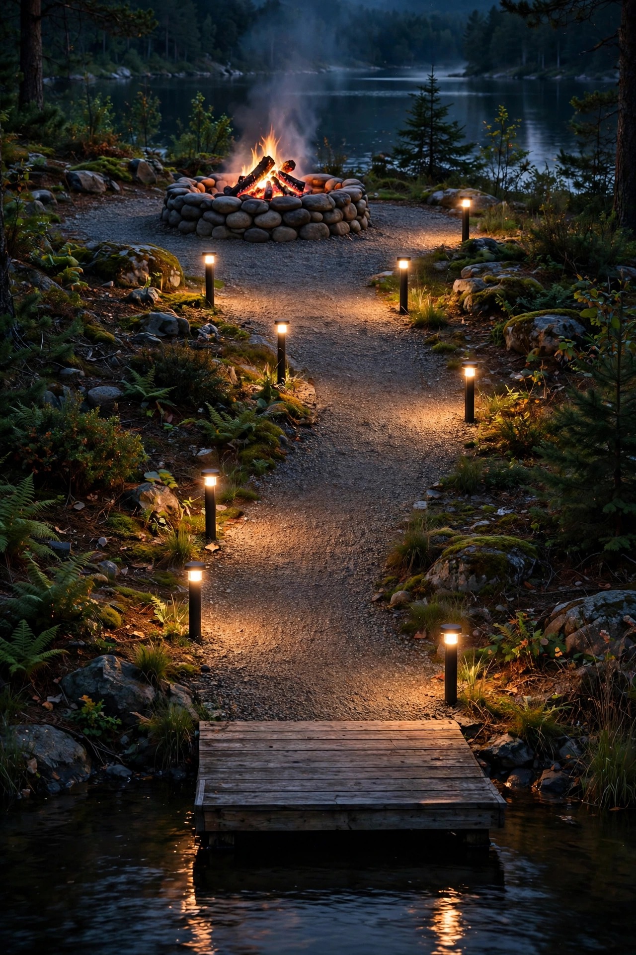 Low bollard lights lighting a gravel path from a fire pit down to a wooden dock on a lake at night