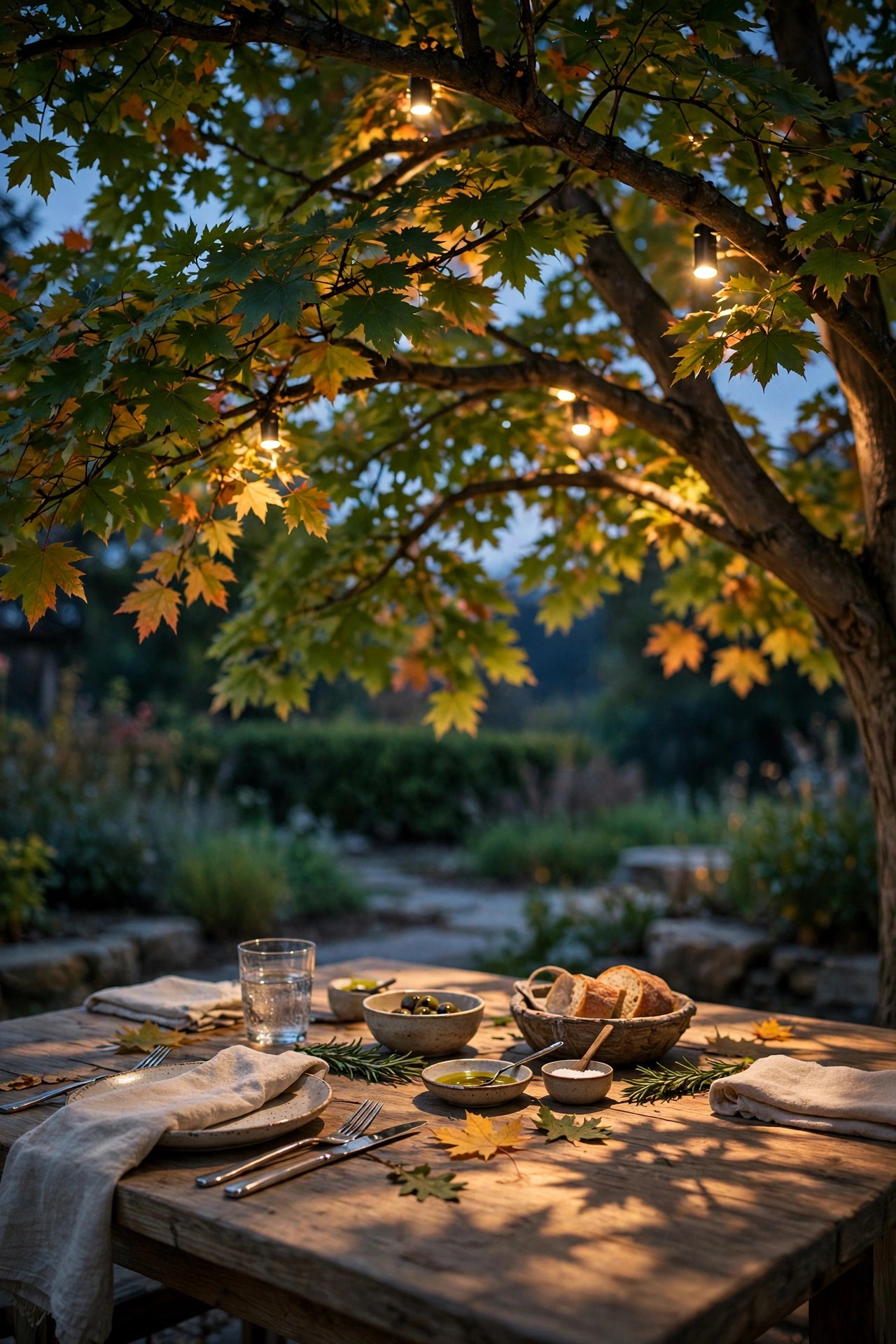 Outdoor dining table under a maple tree at dusk lit by warm downlights in the branches above with dappled light on the tabletop