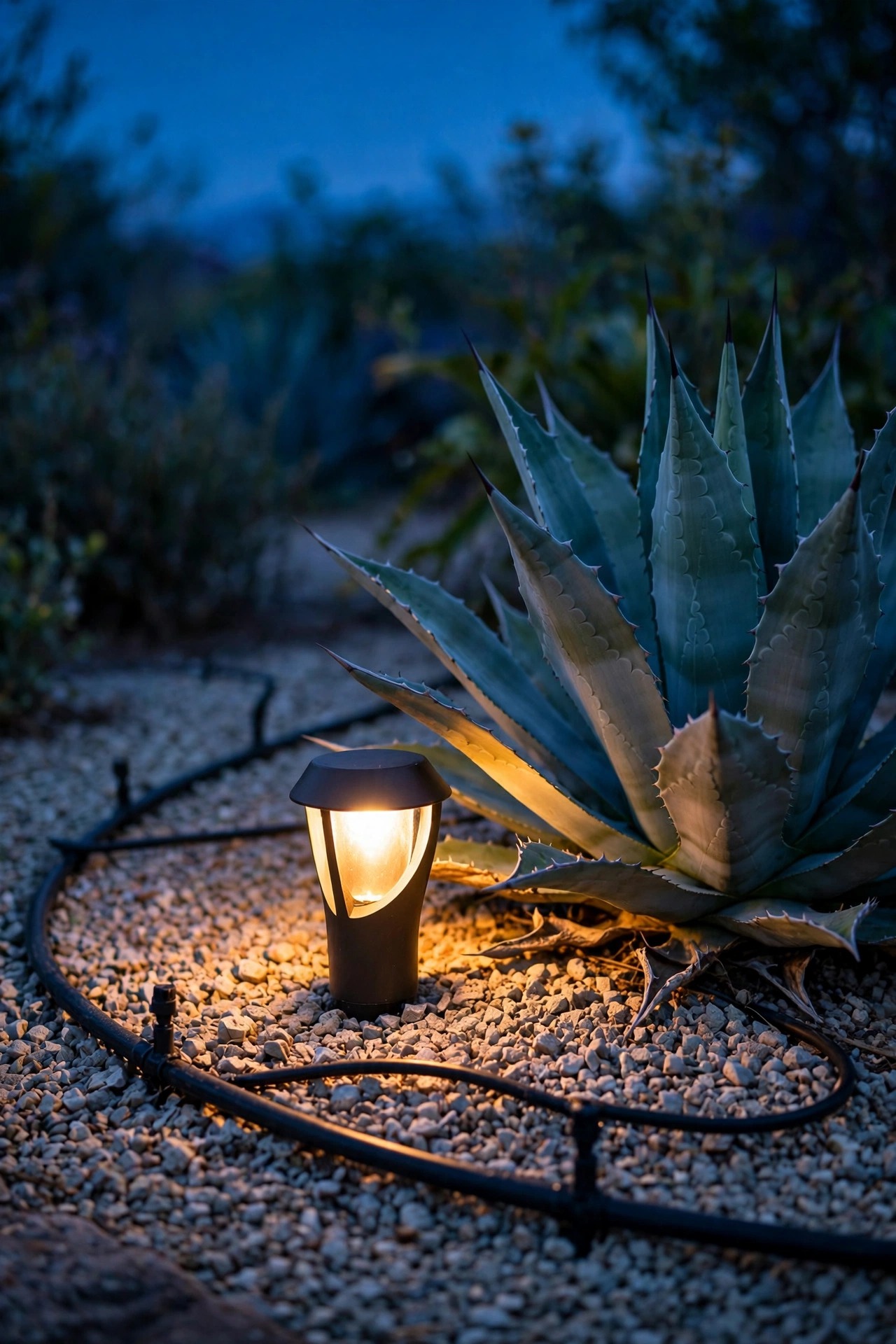 Close dusk view of a garden bed with drip irrigation tubing and a small shielded accent light placed carefully beside an agave, gravel mulch around both