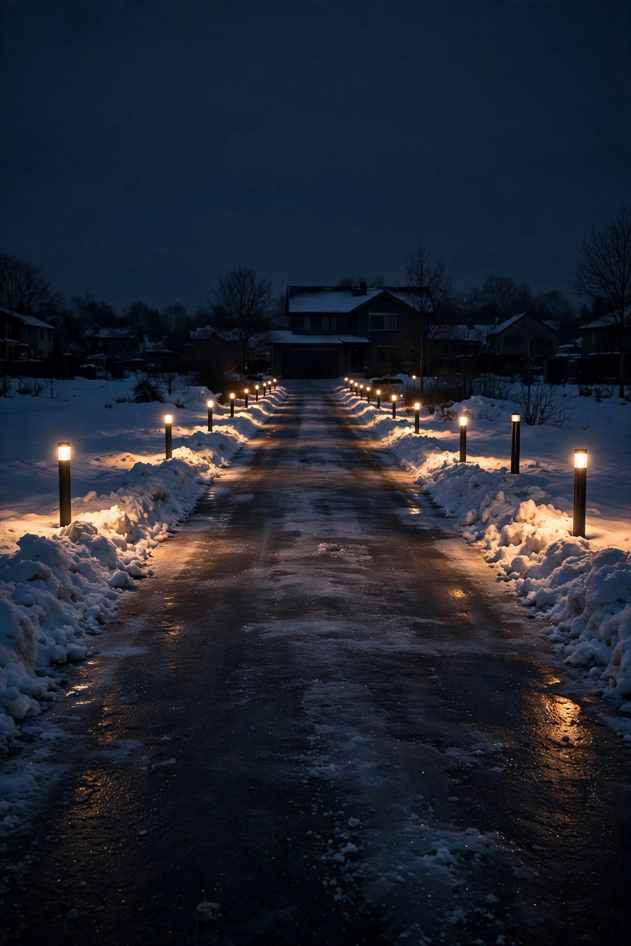 Warm bollard lights marking the edge of a snow-lined driveway at night