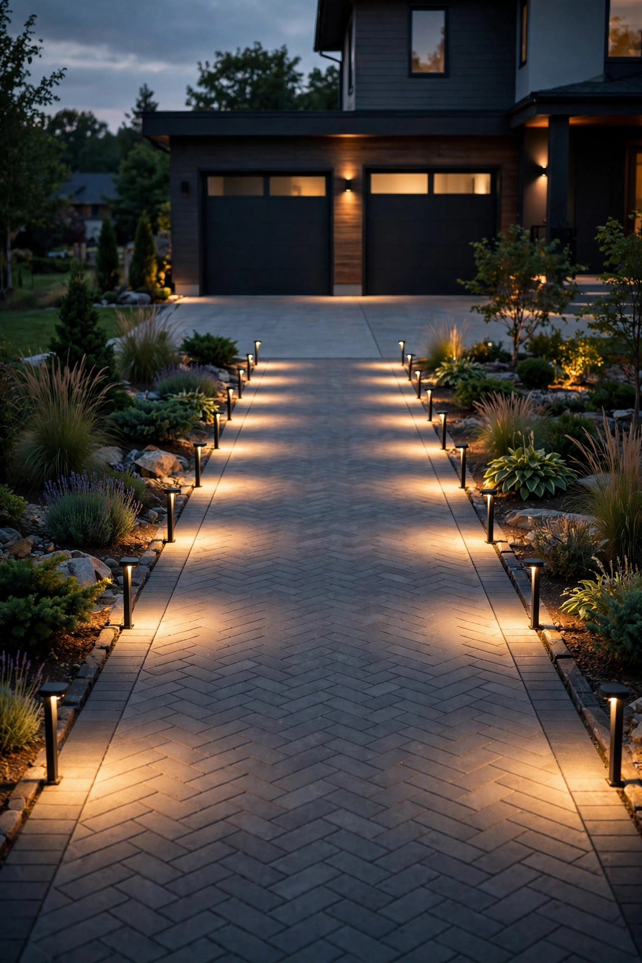 Finished driveway lighting project glowing evenly at dusk, the result of avoiding common driveway lighting budget mistakes