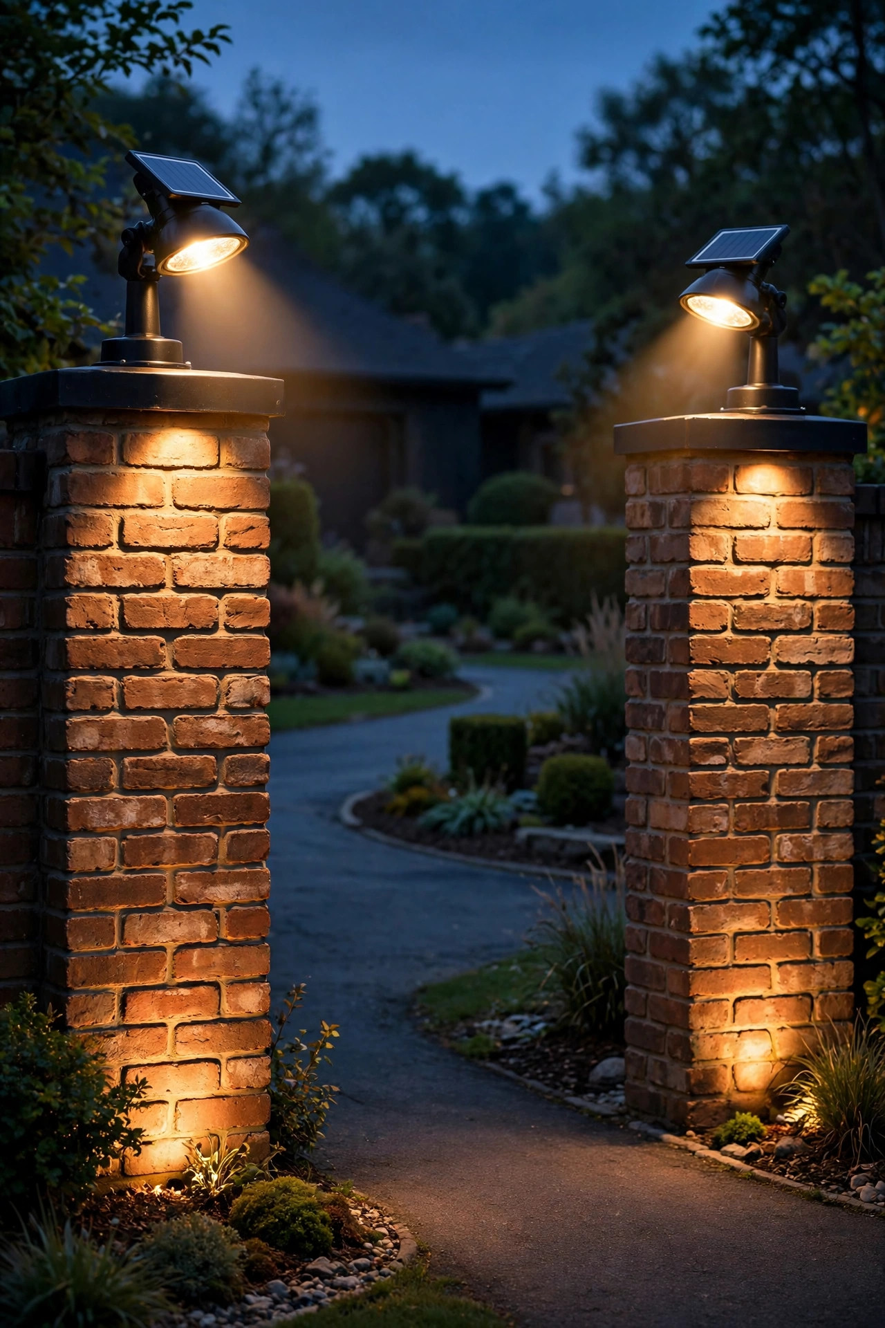 Pair of solar spotlights framing a driveway entrance at dusk, washing brick pillars in warm light