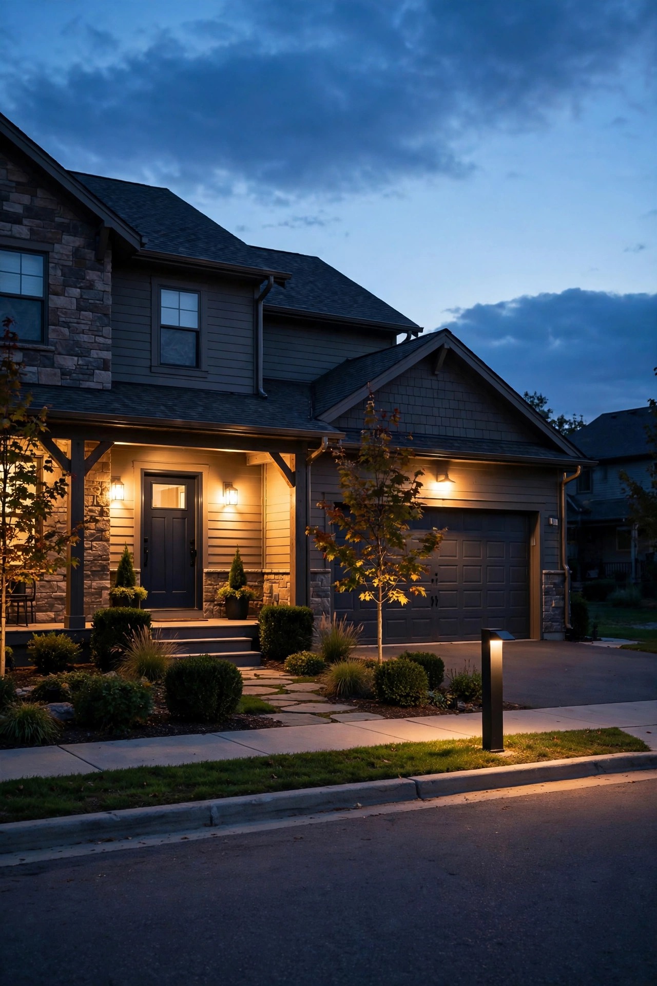 View from the street of a home with warm automated porch lights during a pre-vacation test evening