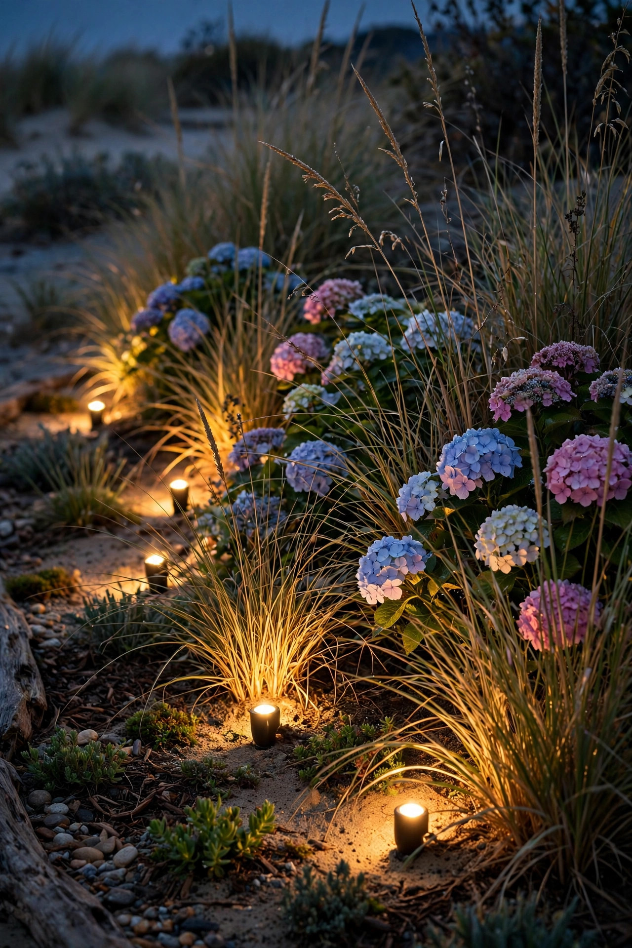 Small spotlights glowing up through dune grasses and hydrangeas in a coastal planting bed