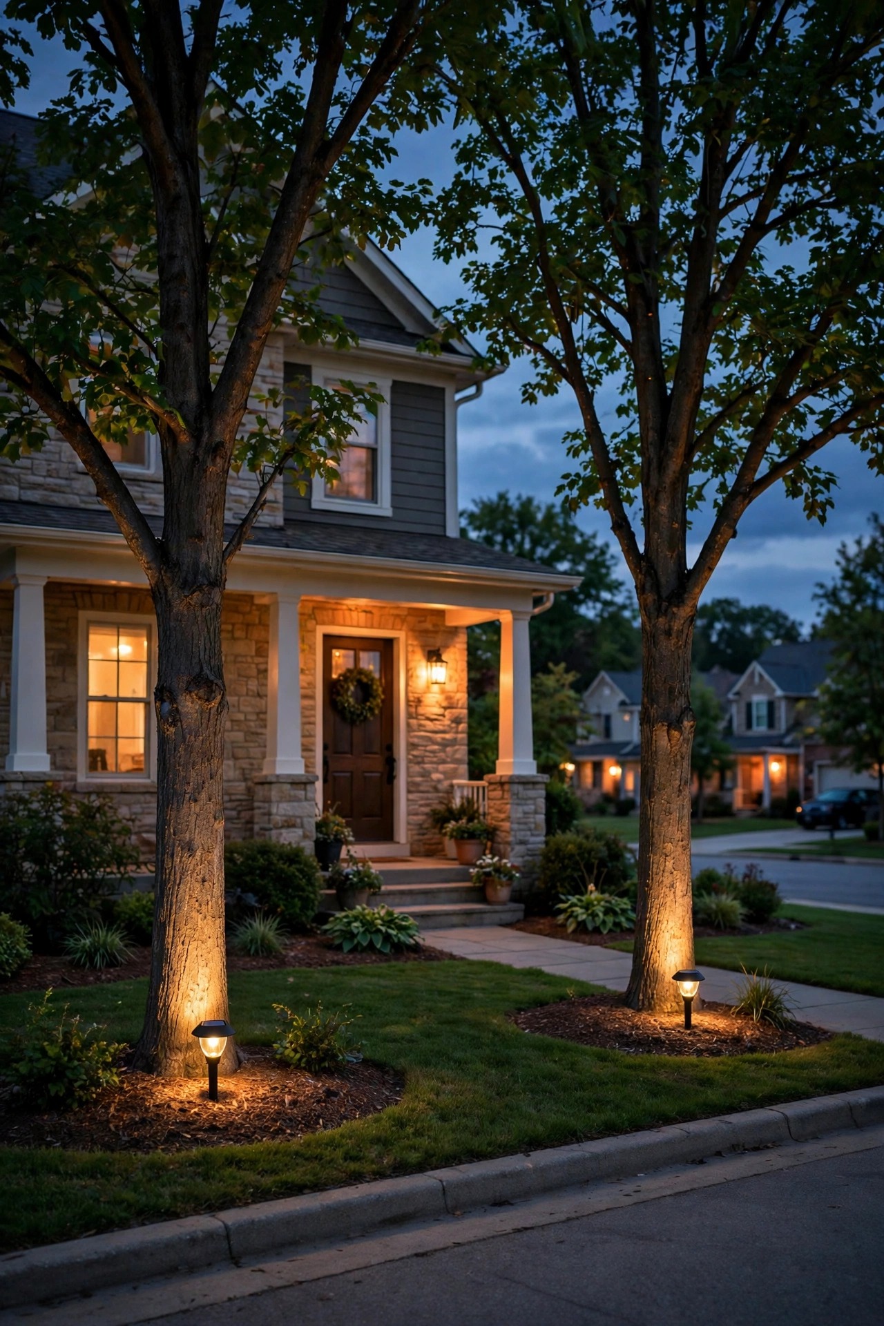 Photorealistic suburban front yard late in the evening with photocell solar spotlights glowing steadily beneath two front trees, warm porch light and quiet street completing the welcoming scene