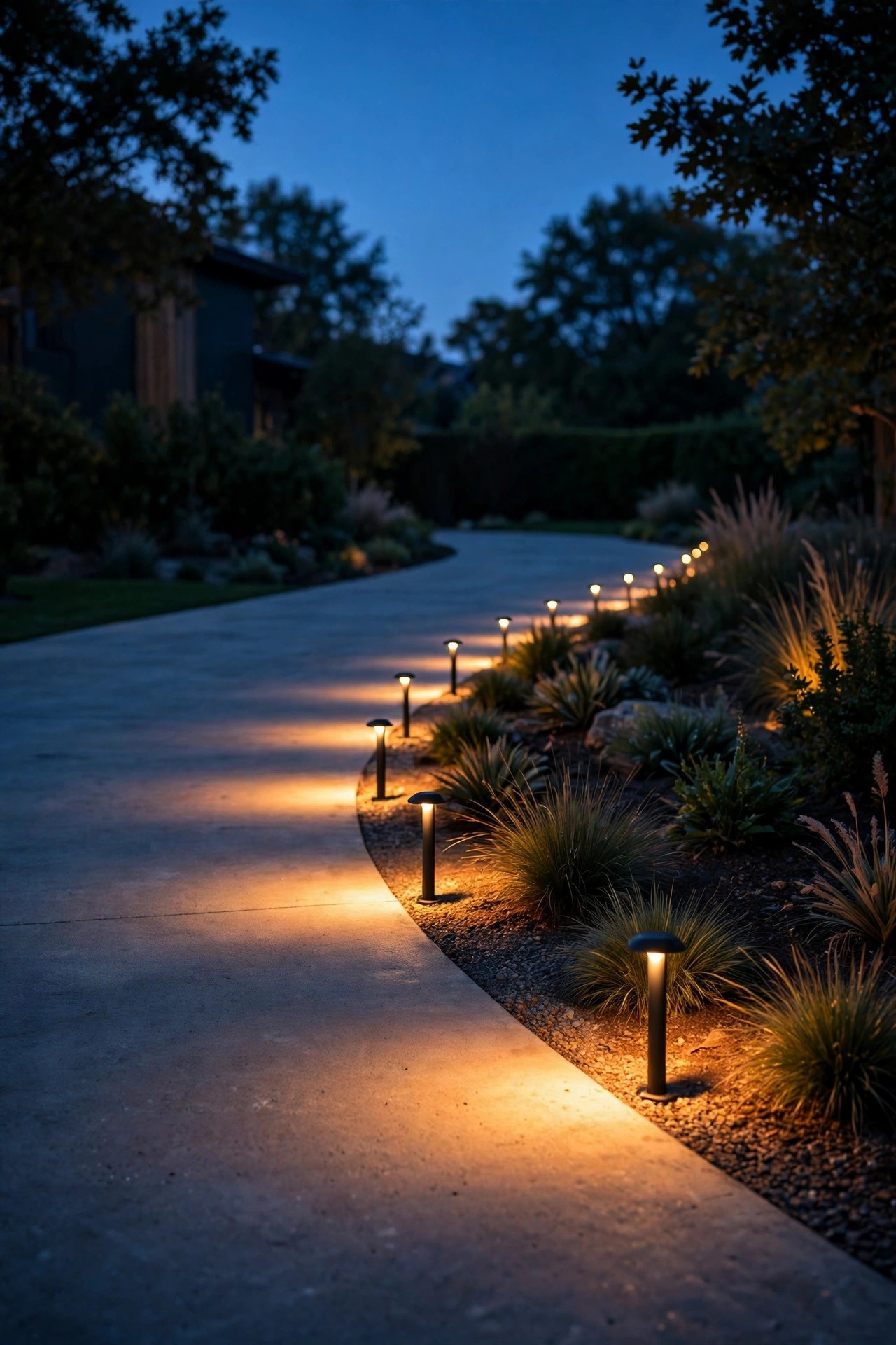 Low glare-shielded edge lights grazing warm light across the edge of a driveway at dusk