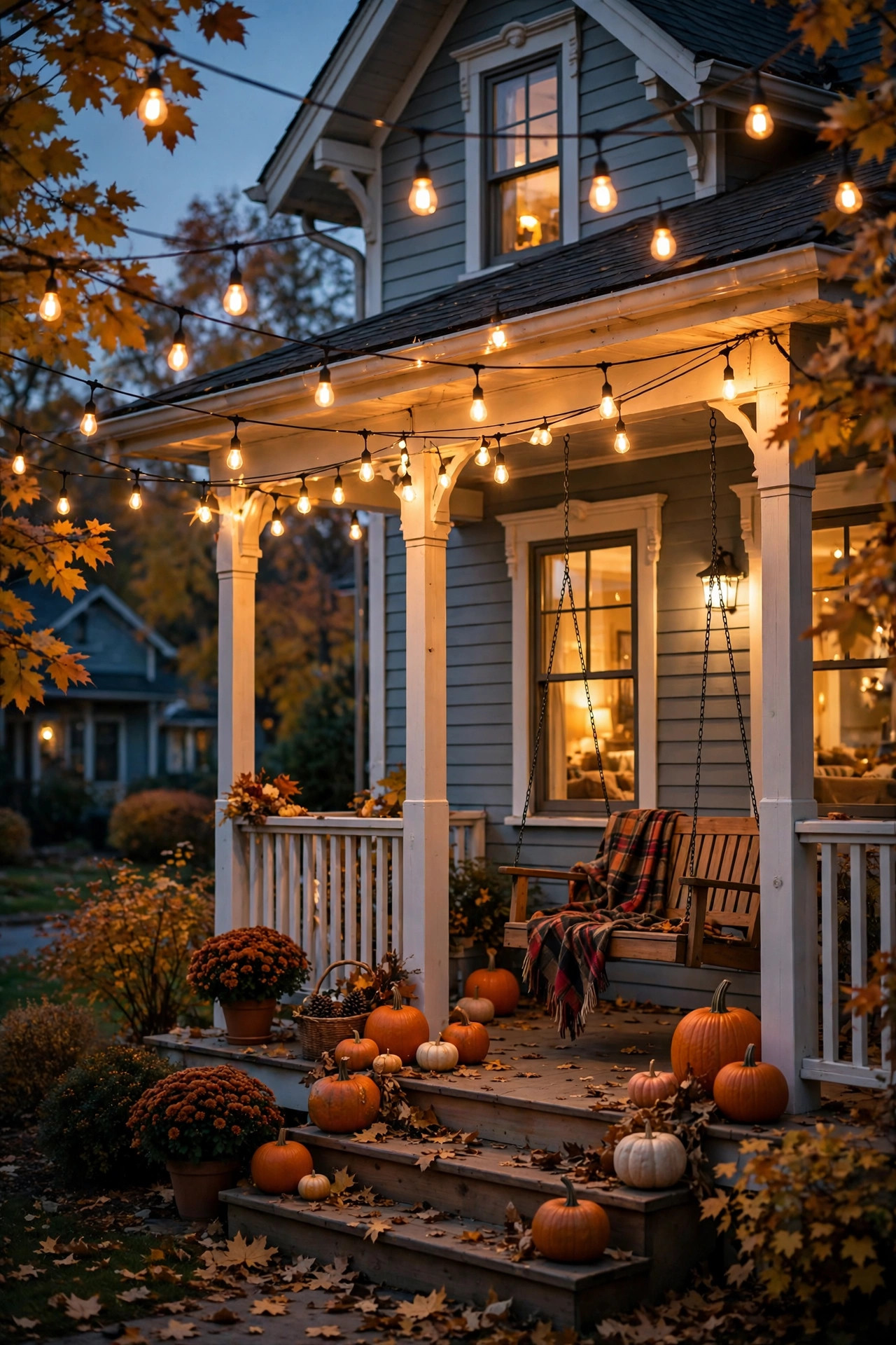 Edison bulb string lights in a zigzag canopy over a porch swing at night