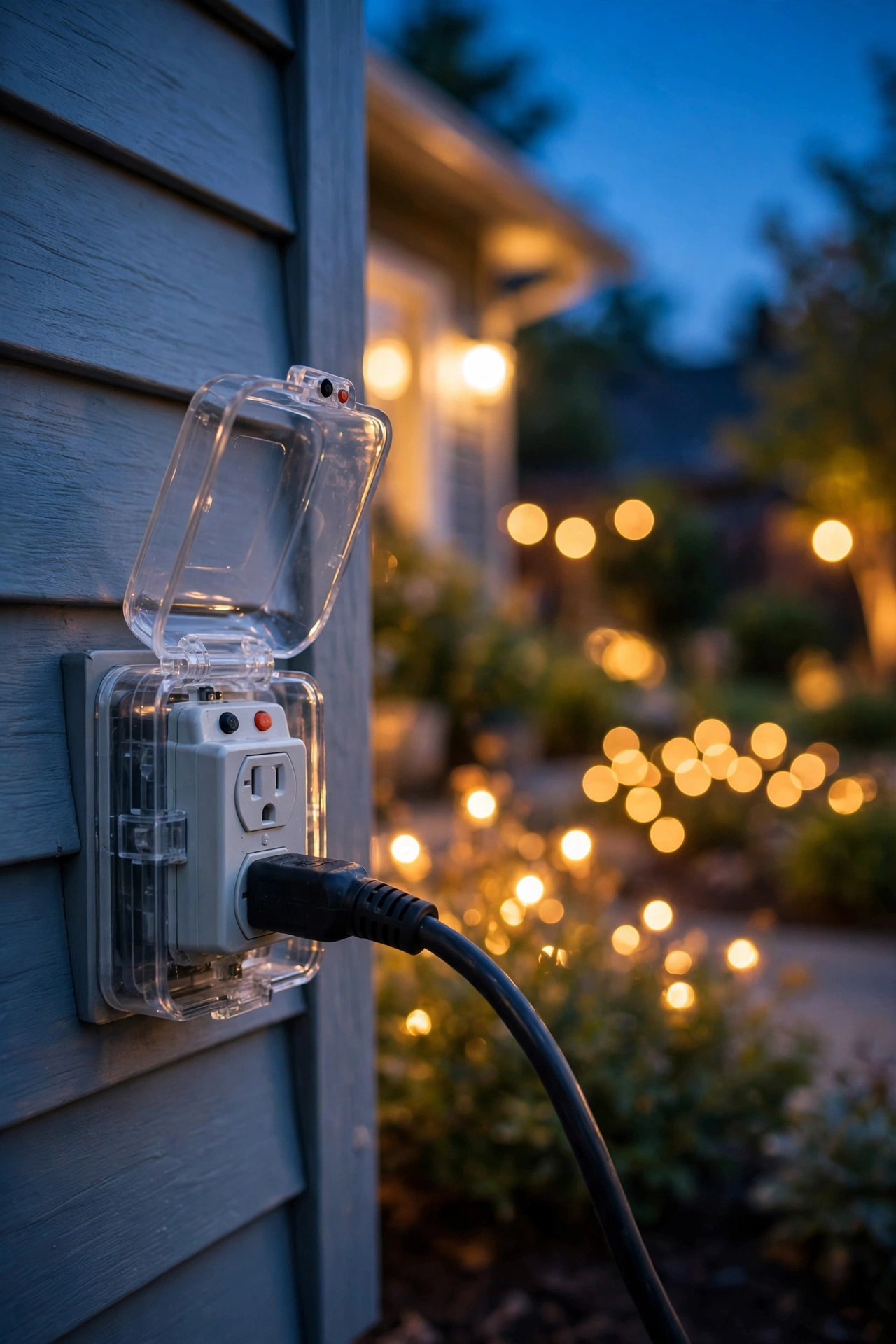 GFCI outdoor outlet with test and reset buttons powering smart outdoor lighting safely at dusk
