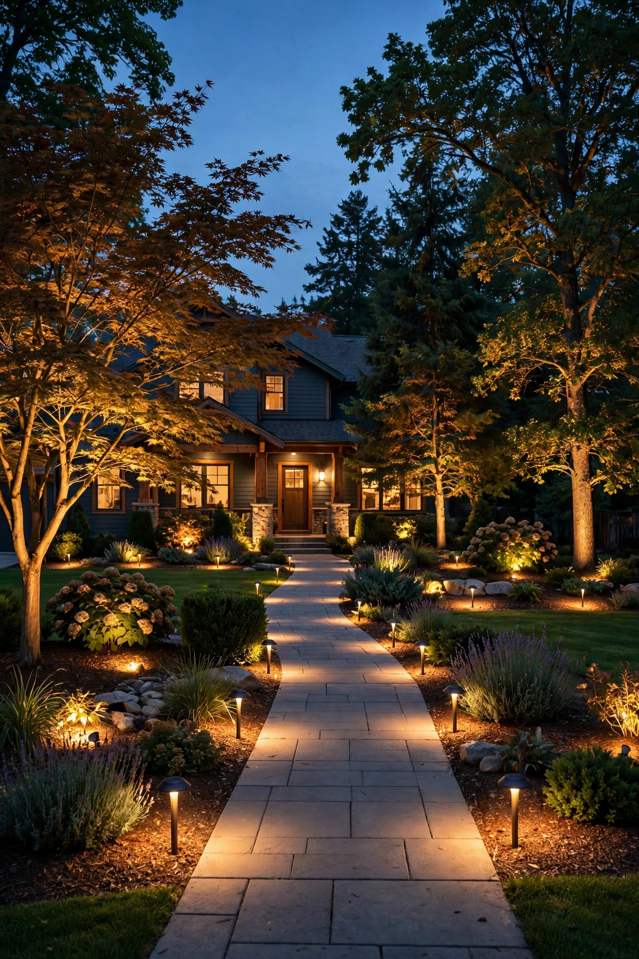 Front yard at dusk with every section of landscape lighting restored and glowing evenly warm along the walkway, garden beds and trees