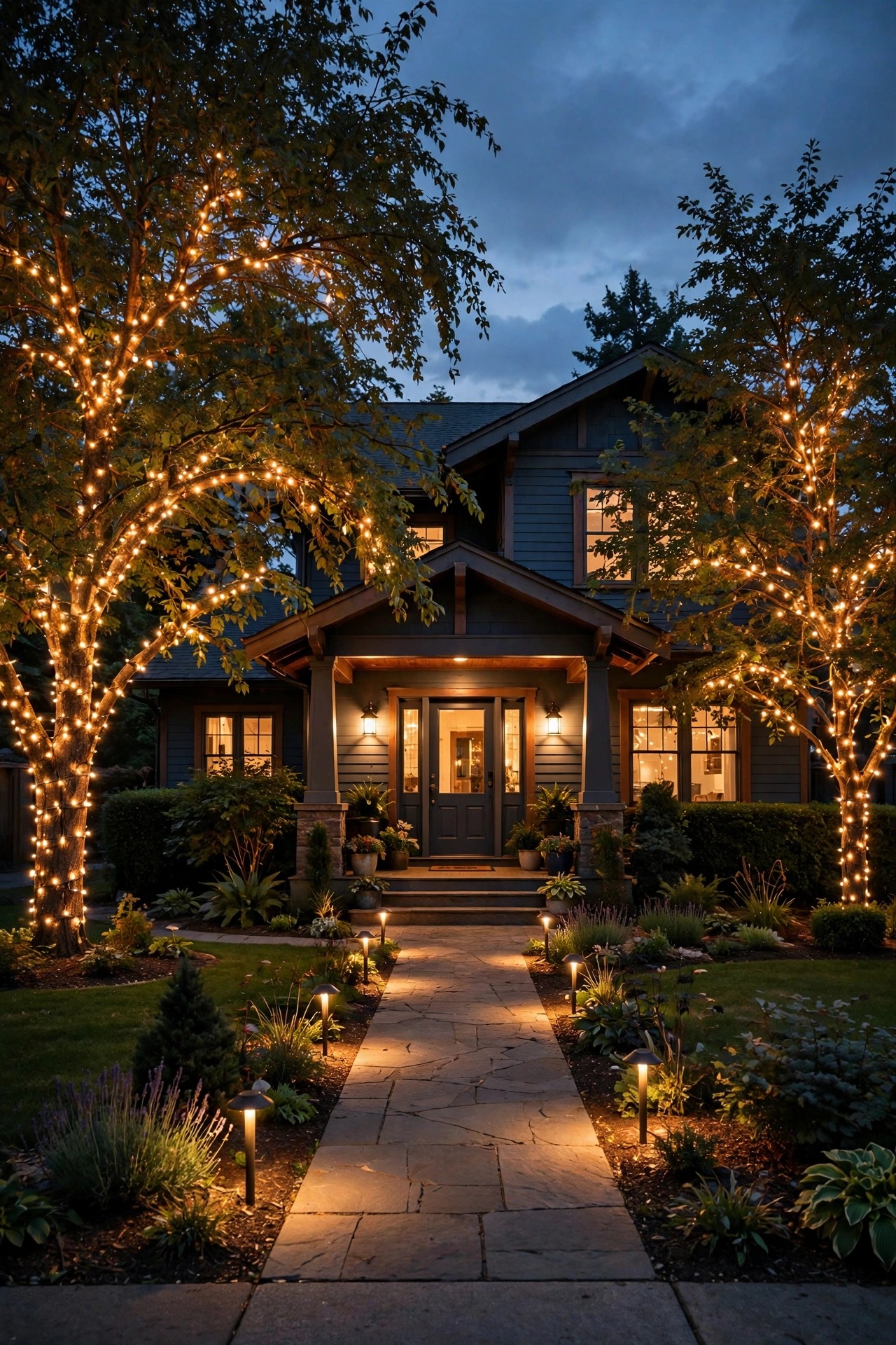 Front yard at dusk with porch, path, and tree lights all switching on together right on schedule