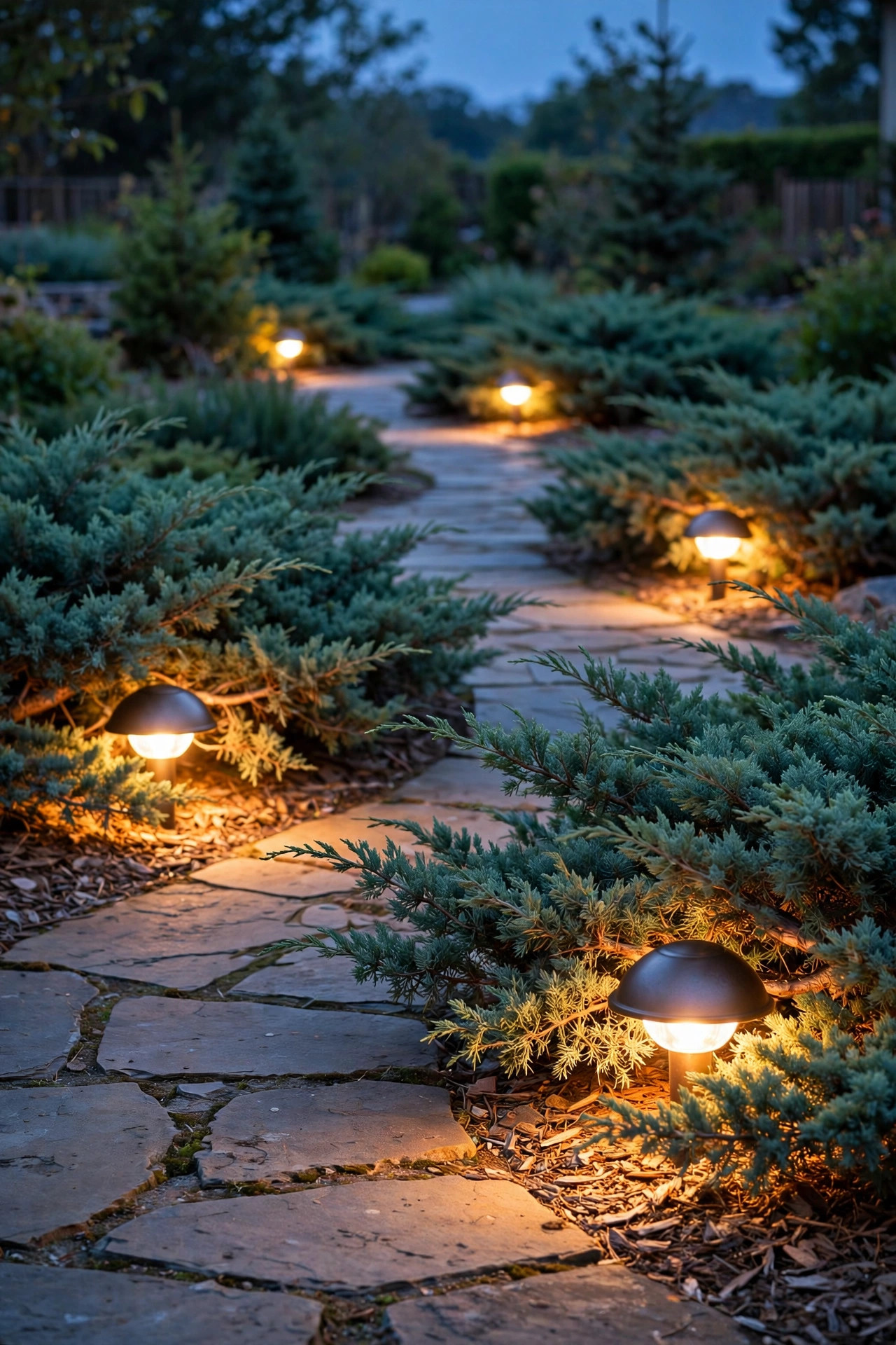Dome path lights glowing from beneath low spreading juniper shrubs along an evening walkway