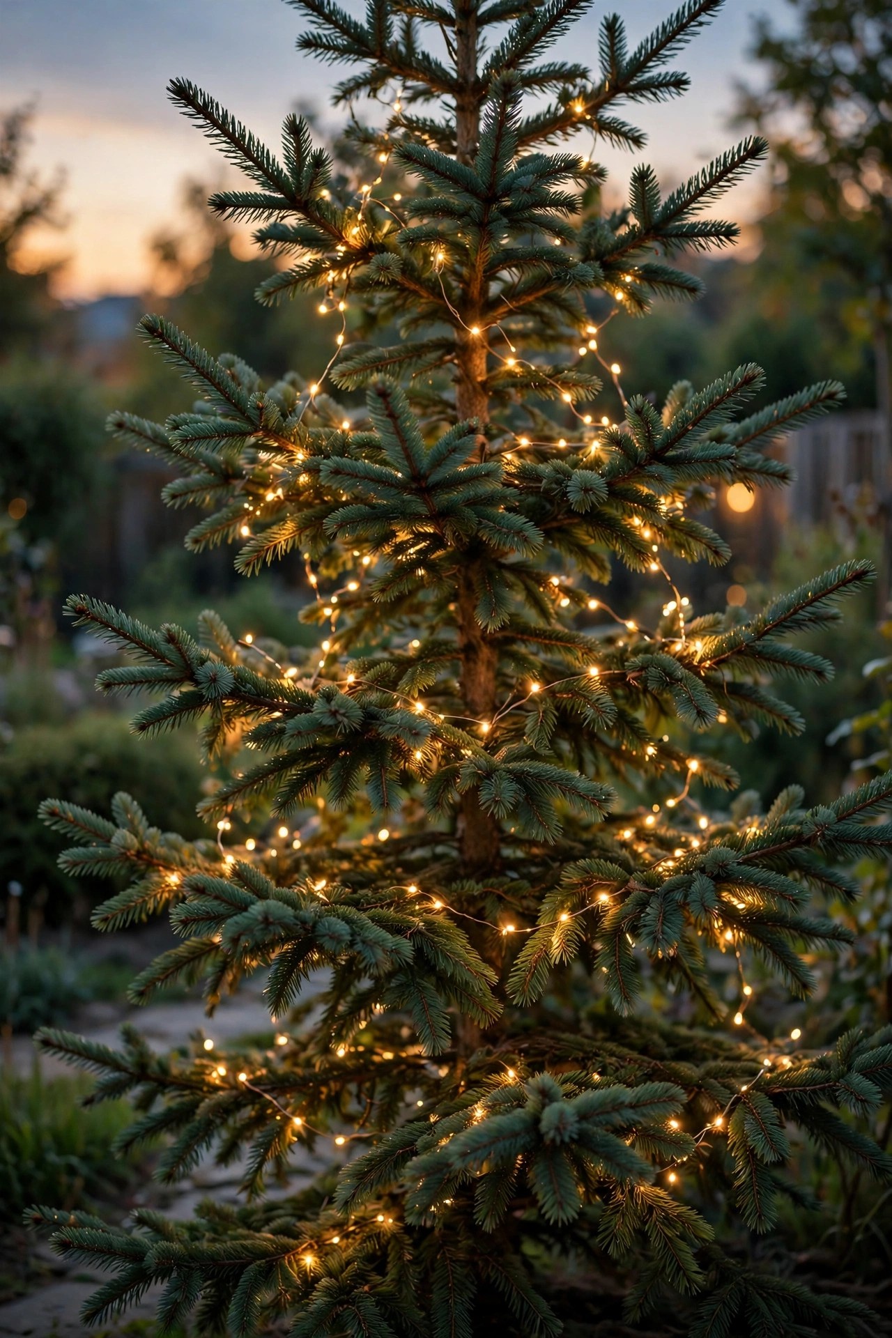 Spruce tree with fairy lights woven through its branches glowing softly from within the needles