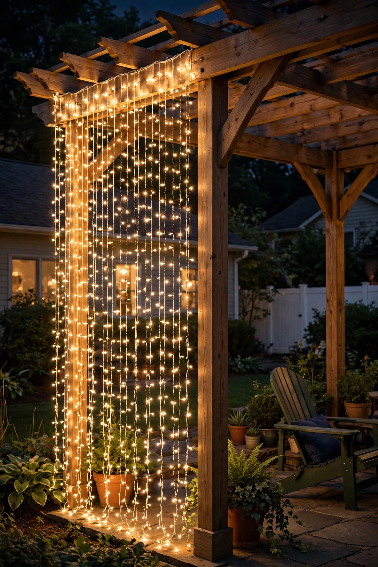 Fairy light curtain wall cascading down one side of a pergola at night