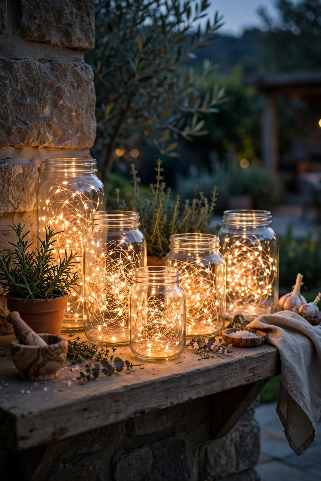 Copper wire fairy lights glowing inside glass jars on an outdoor kitchen shelf