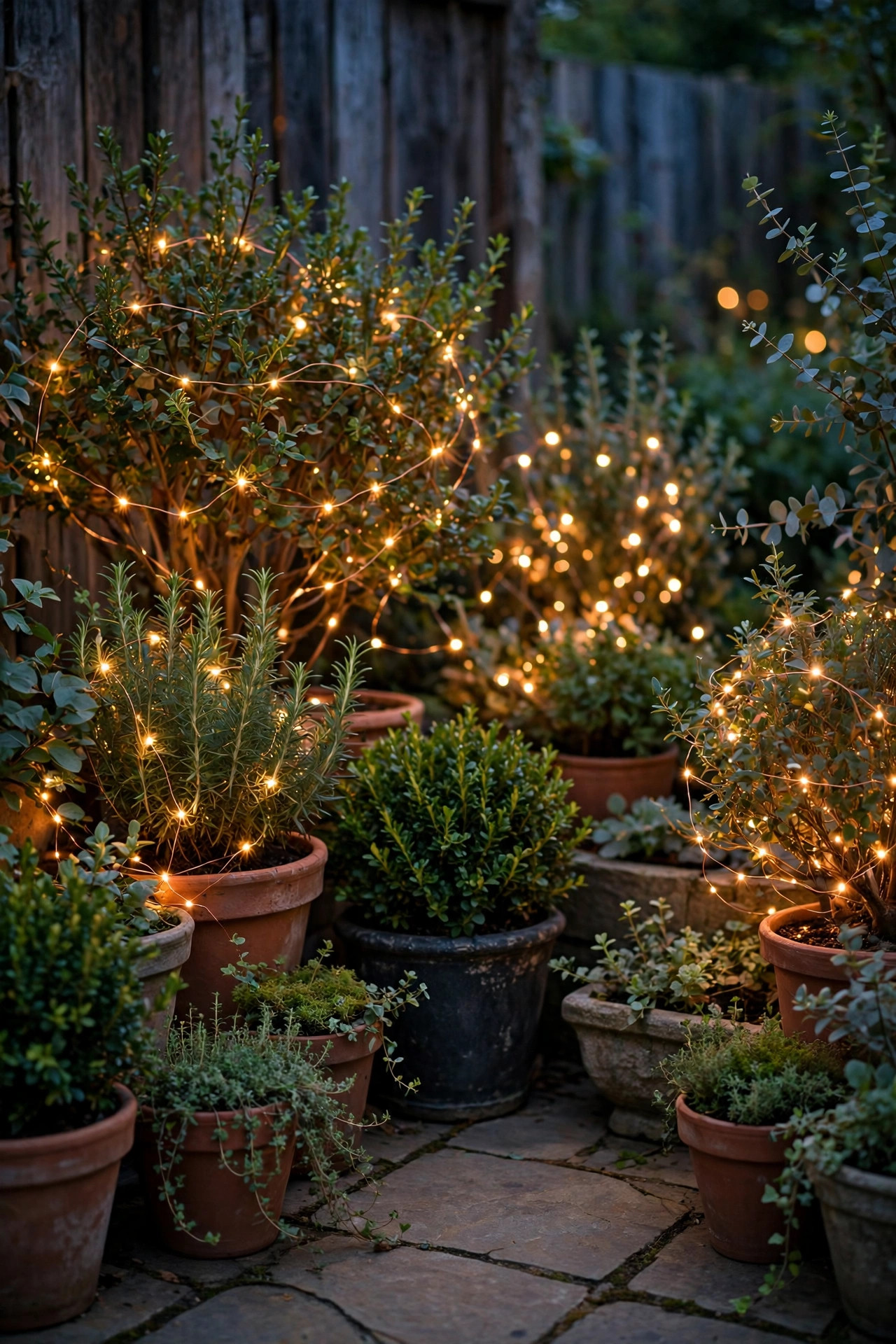 Copper wire fairy lights woven through potted shrubs and planters at the edges of a small patio, tiny warm pinpoints glowing at dusk