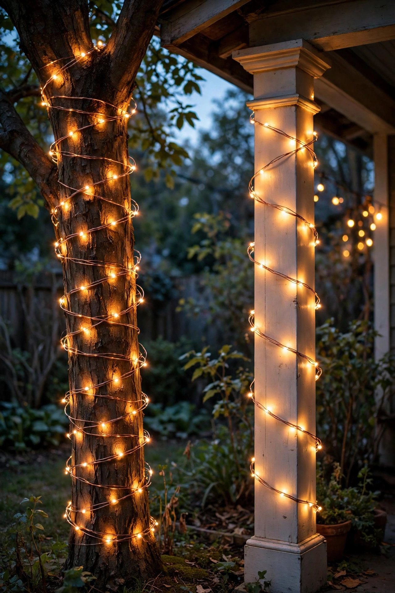 Tree trunk and porch column wrapped in spiraling copper wire fairy lights glowing warm in a backyard at dusk