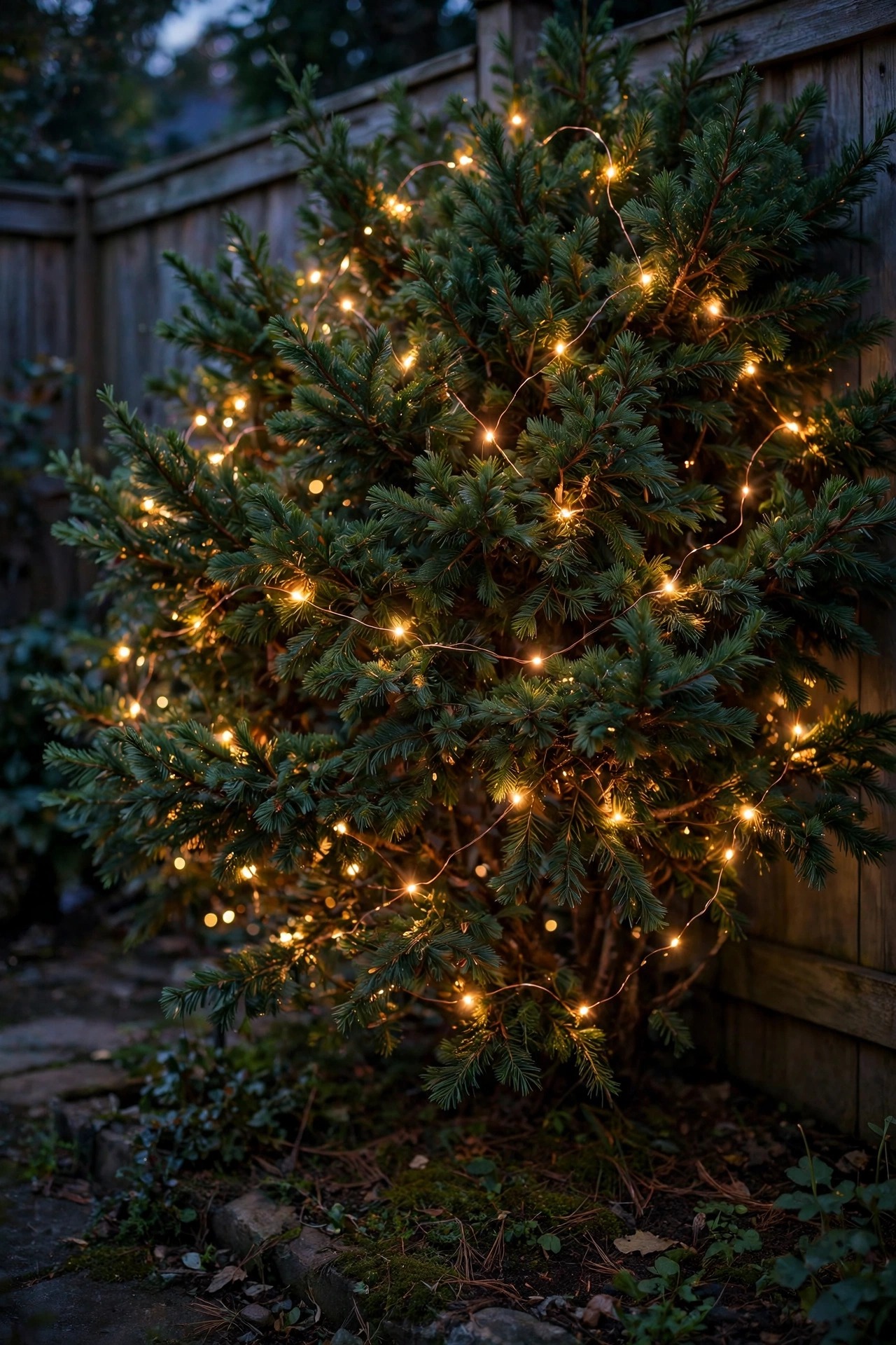 Copper-wire fairy lights woven through a large evergreen shrub in a backyard corner glowing like fireflies
