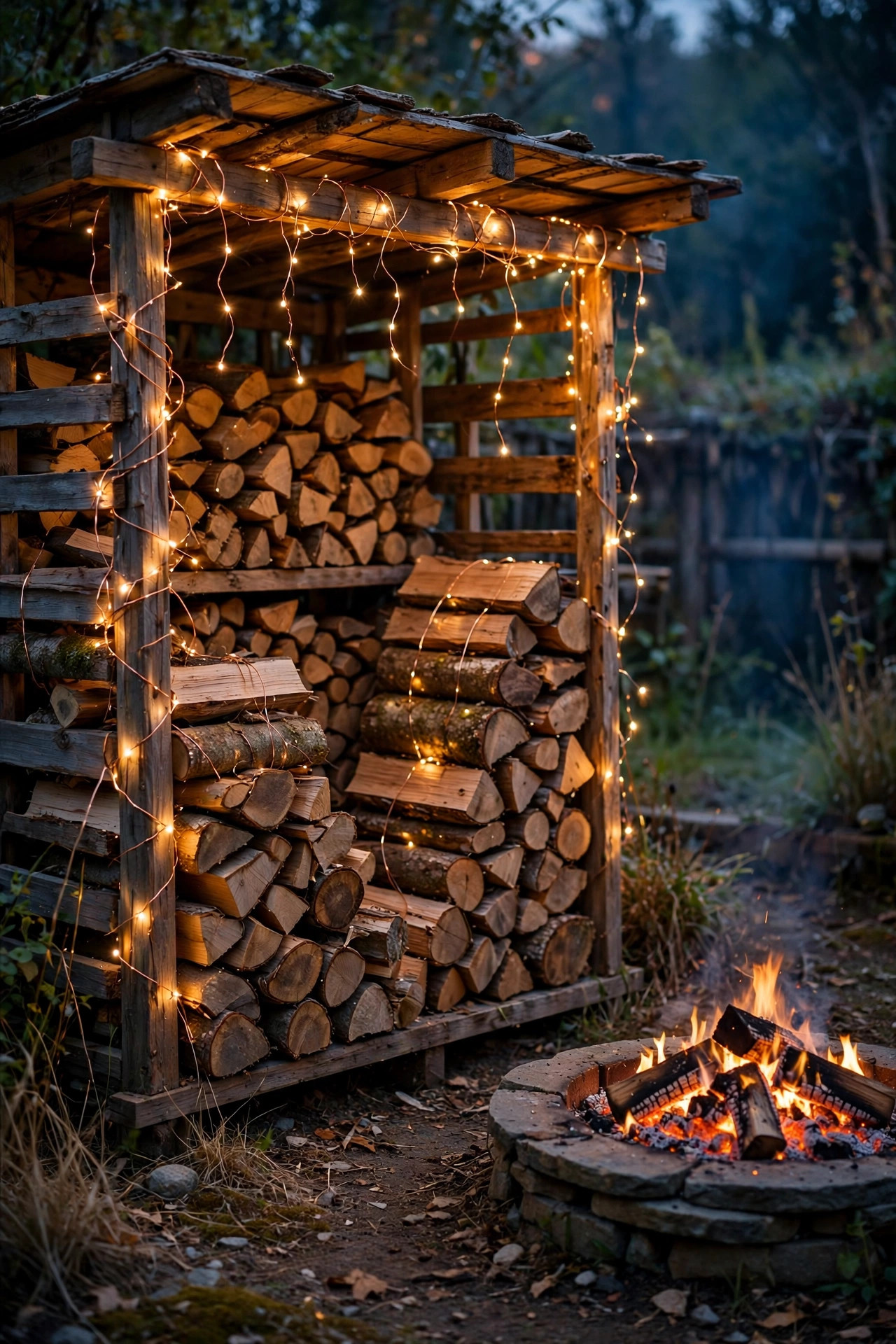 Copper-wire fairy lights woven through a firewood log store beside a fire pit