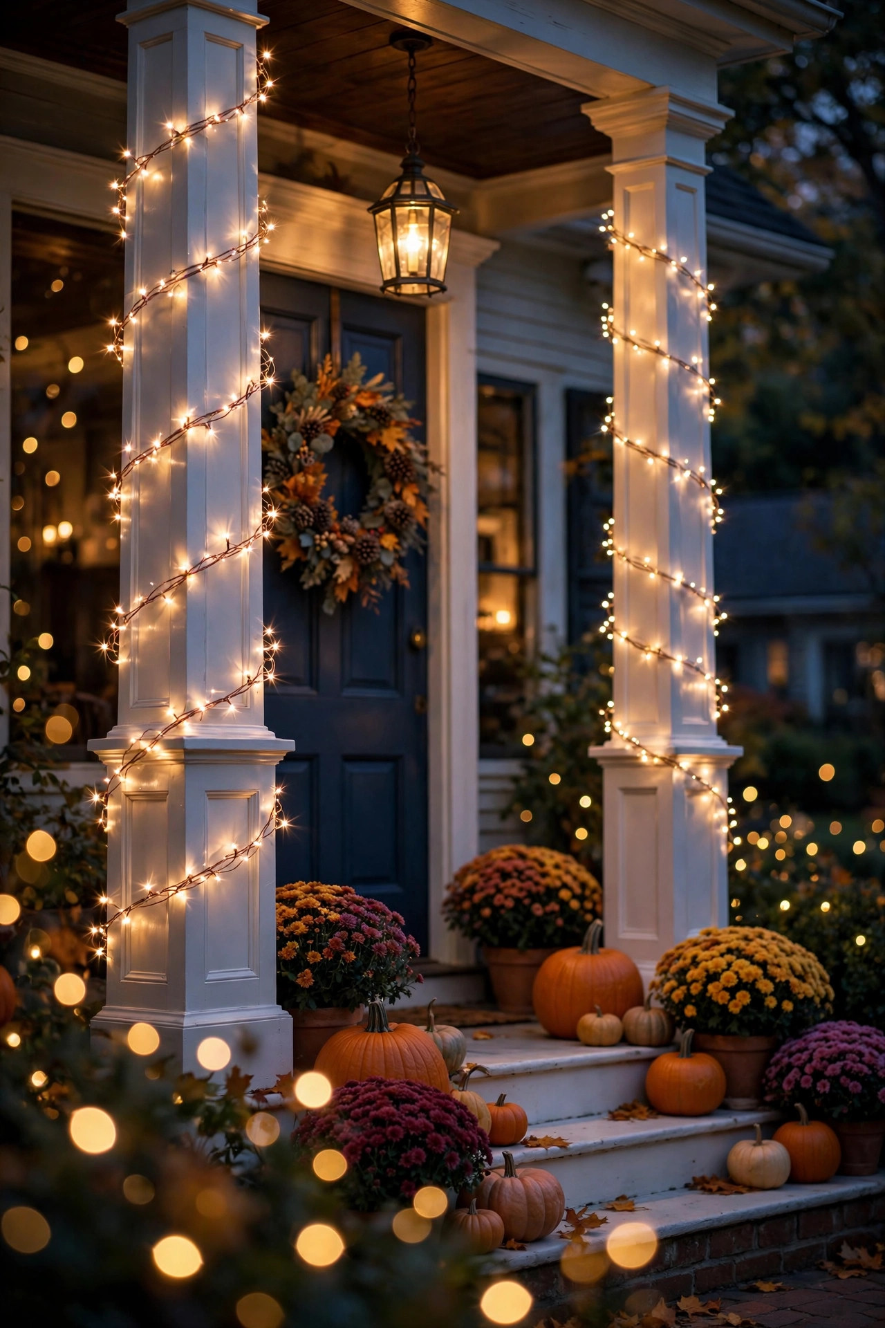 Copper wire fairy lights wrapped around front porch columns glowing at night