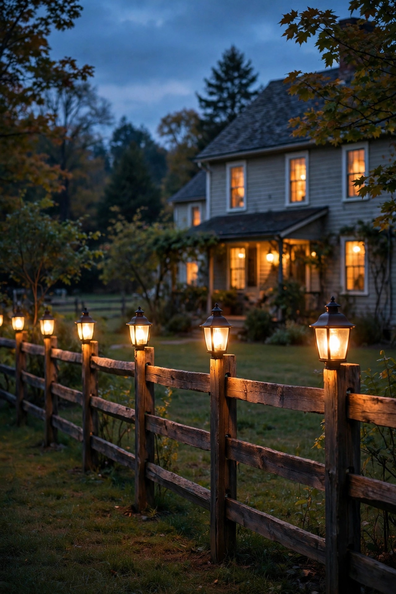 Warm lantern lights mounted on split rail fence posts glowing along the front of a farmhouse yard at dusk