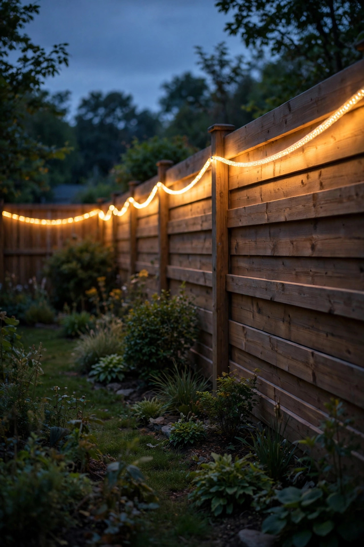 Warm rope light running along the inside of a backyard fence at dusk, softly outlining the yard edge