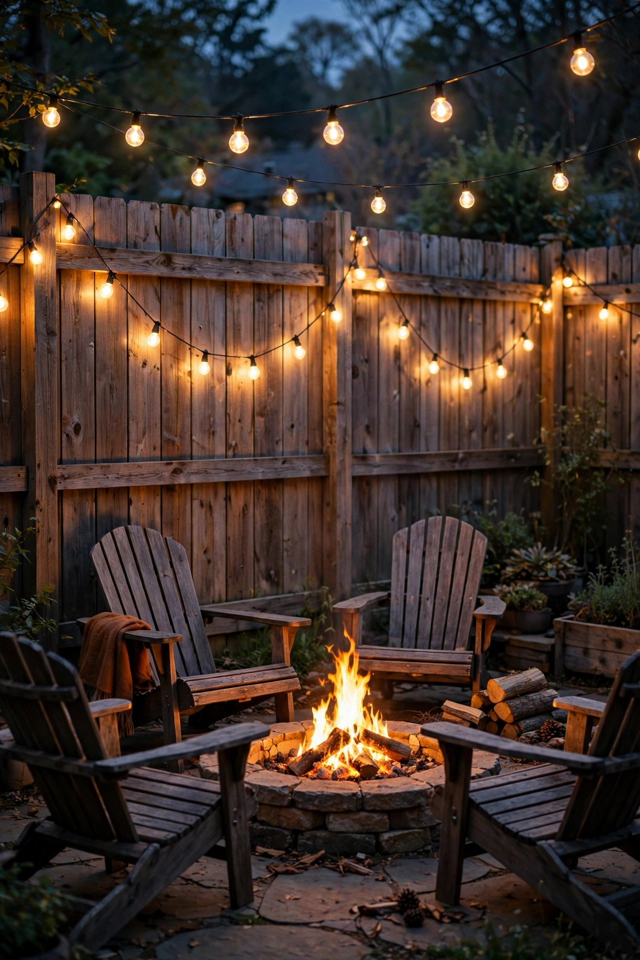 Globe string lights swagged along a wooden backyard fence behind fire pit seating at dusk