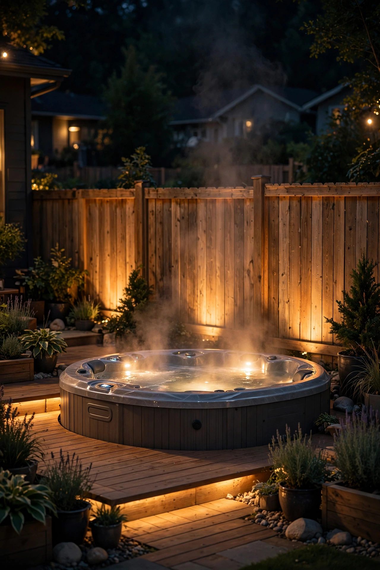 Warm uplighting washing a wooden fence behind a glowing hot tub at night