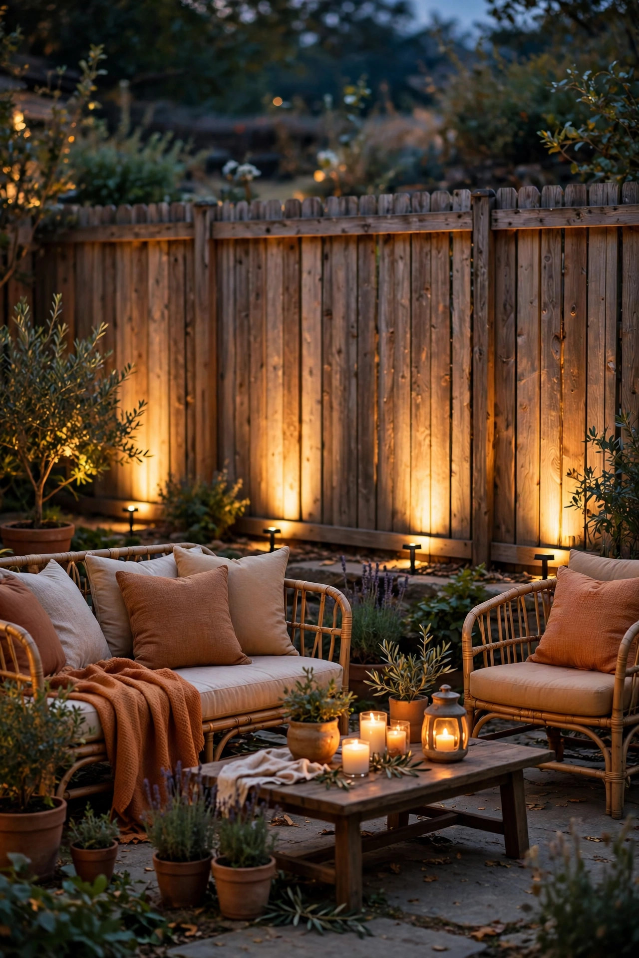 Soft uplights washing a wooden backyard fence with warm light behind party seating