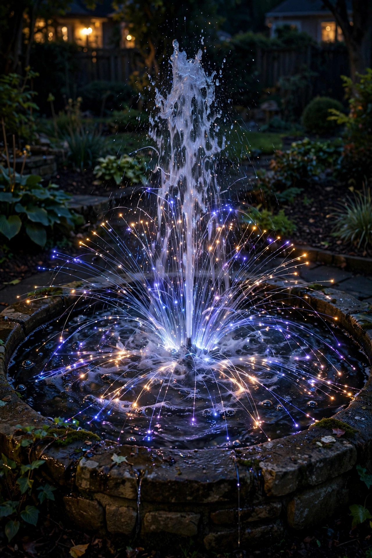 fiber optic starfield twinkling inside a fountain water column